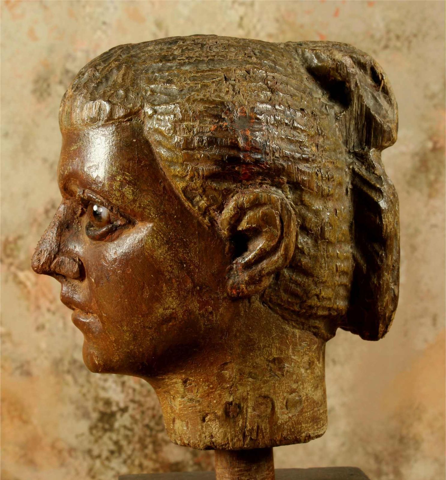 810.0 Antique Carved Wood Head. 18th Century Italian Polychrome Statue Carving. photo