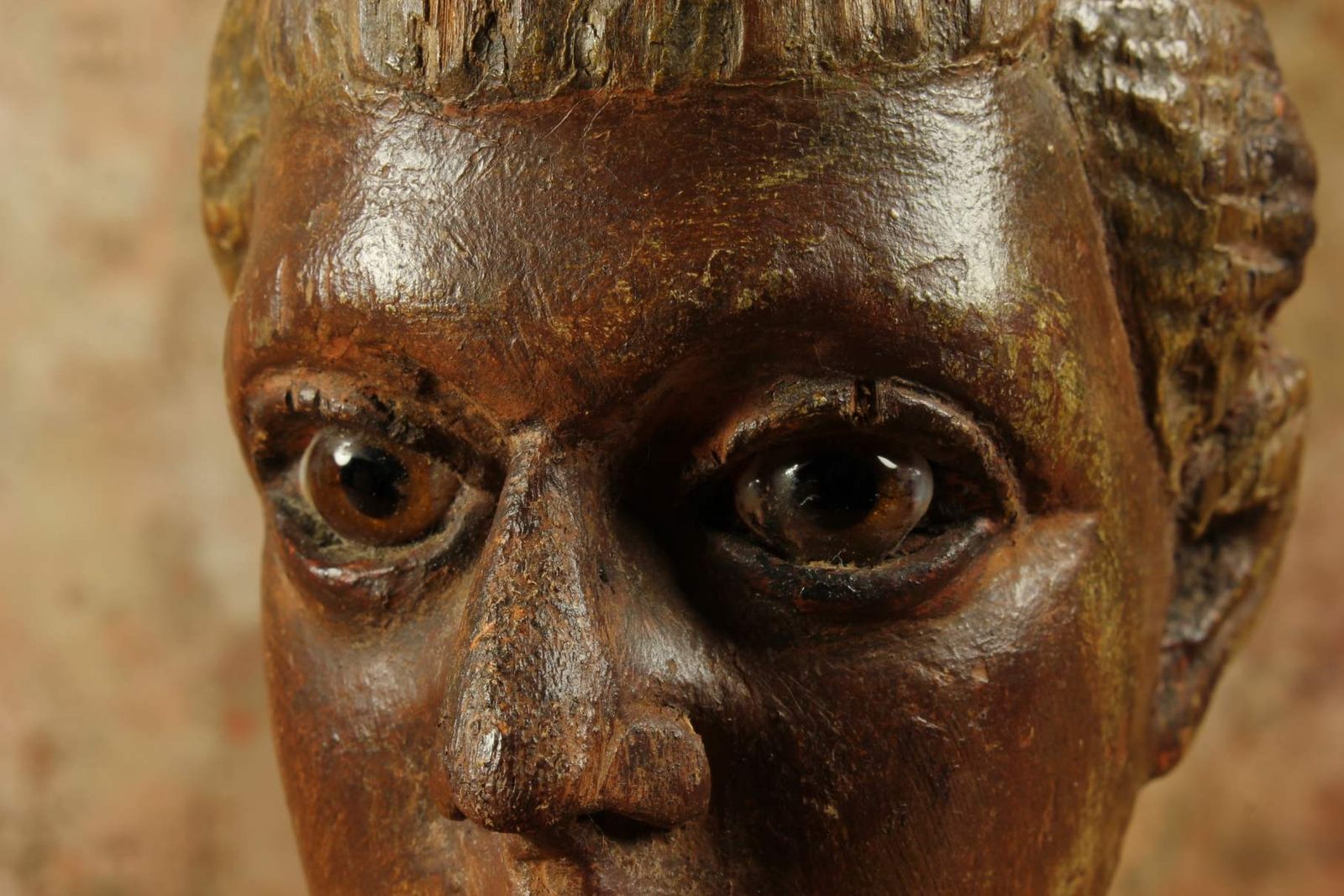 photo buy Antique Carved Wood Head. 18th Century Italian Polychrome Statue Carving.