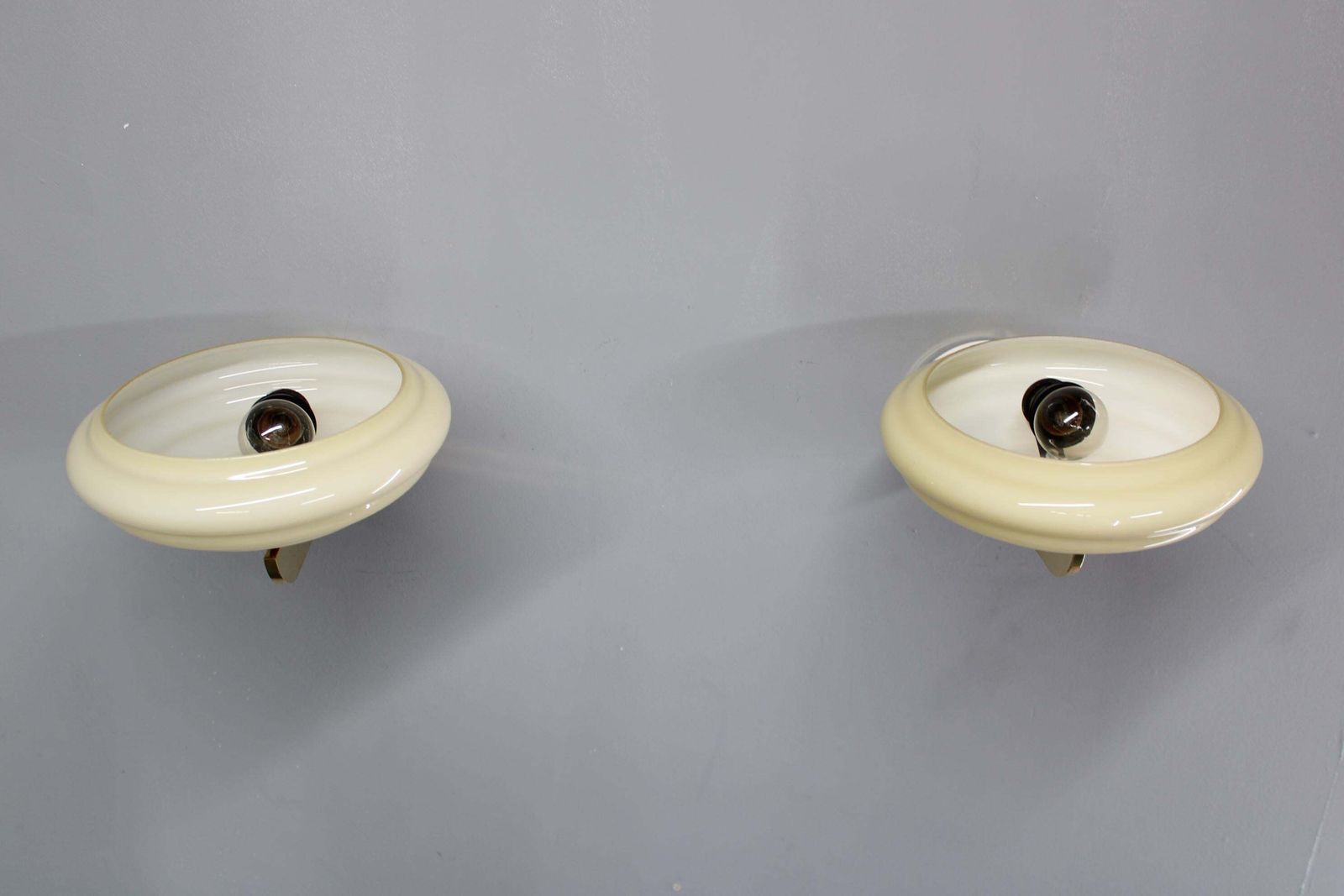 Pair Of 1940s Czechoslovak Art Deco Brass Wall Lights With Opaline Glass Shades photo Lighting