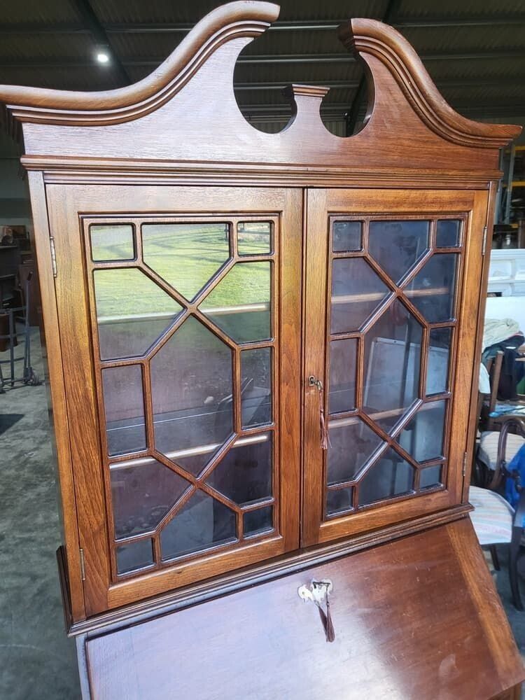 Antique Repro Serpentine Glazed Bookcase Bureau Desk Drawers photo furniture