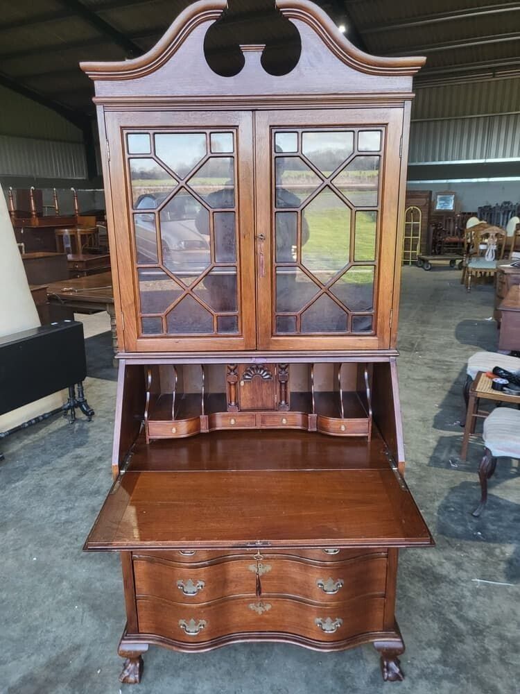 Antique Repro Serpentine Glazed Bookcase Bureau Desk Drawers photo 360.0