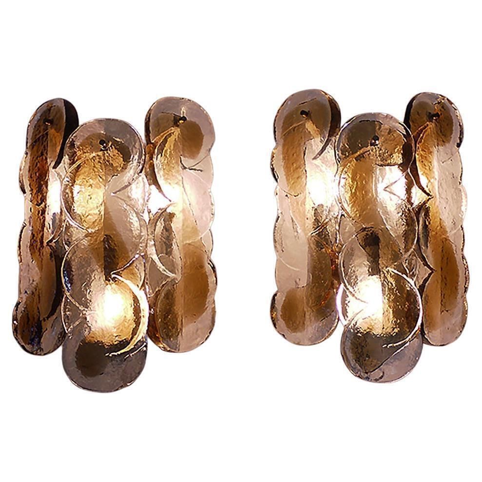 Pair Of Amber Murano Citrus Swirl Wall Sconces Glass & Brass Kalmar Austria 1960