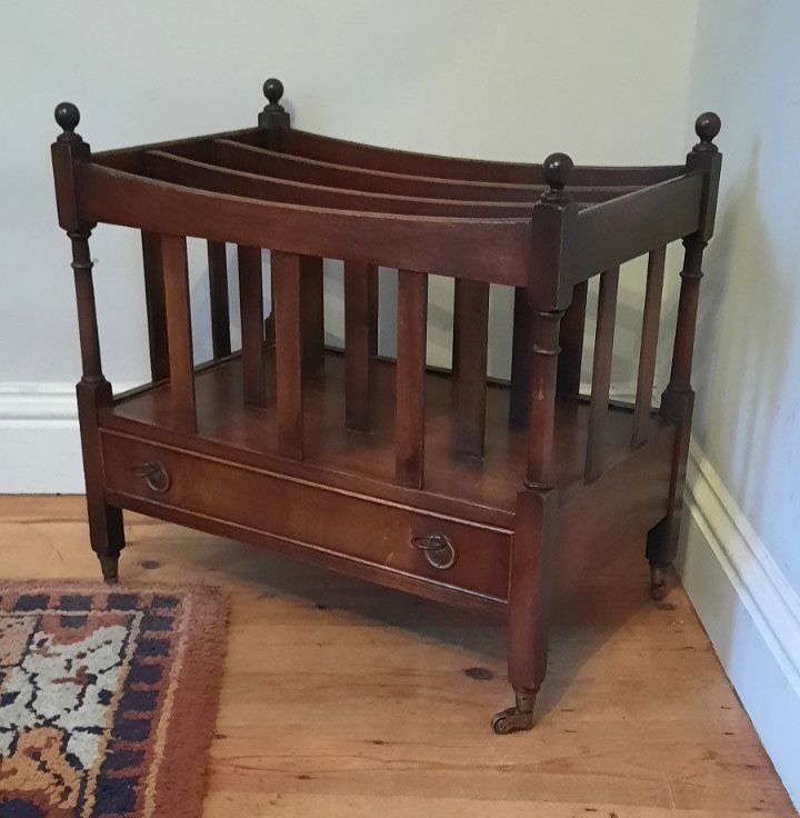 Vintage Mahogany Magazine Rack Canterbury Lower Drawer photo furniture