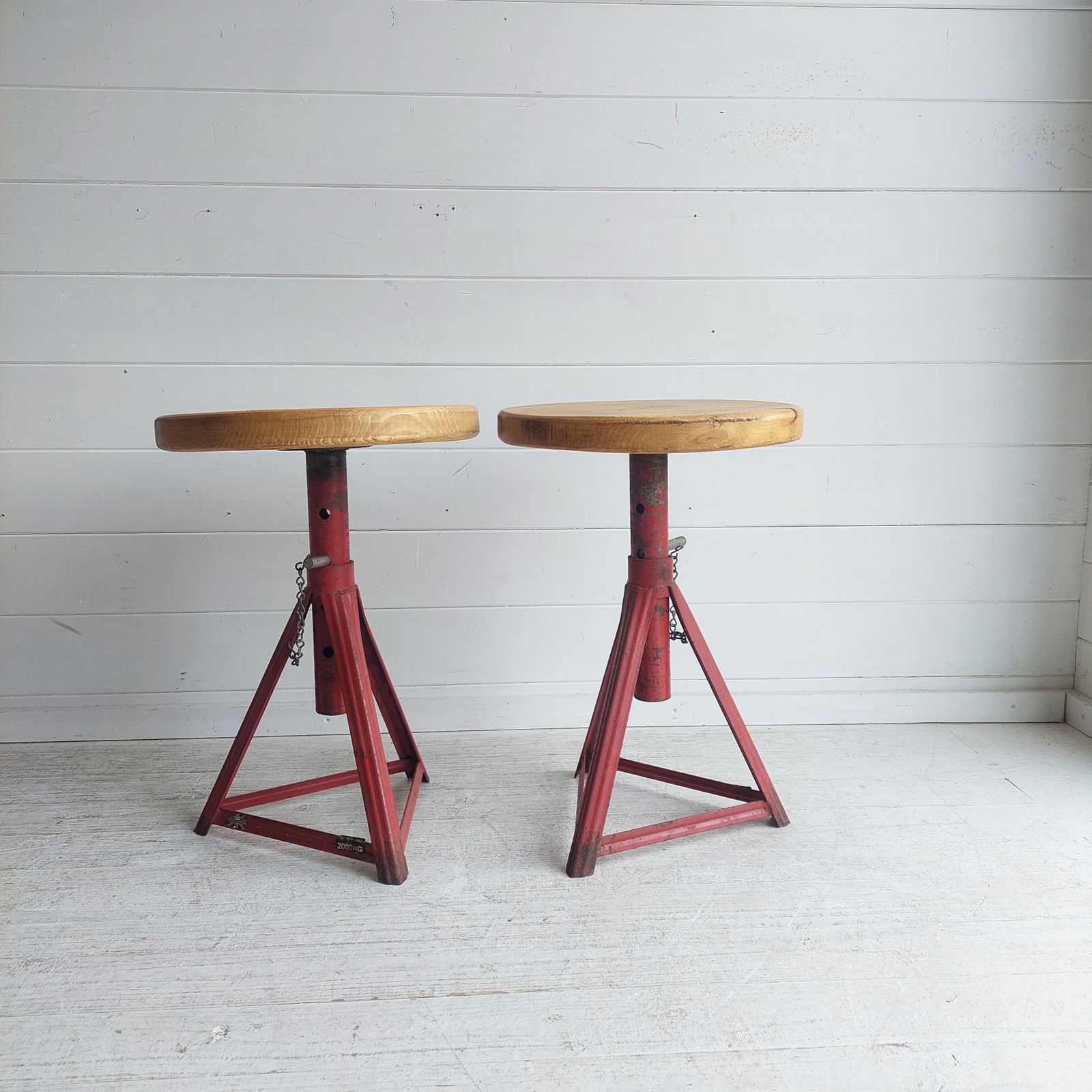 Mid Century Industrial Adjustable Stools Red Metal And Wood 1960s Set Of 2 photo for sale