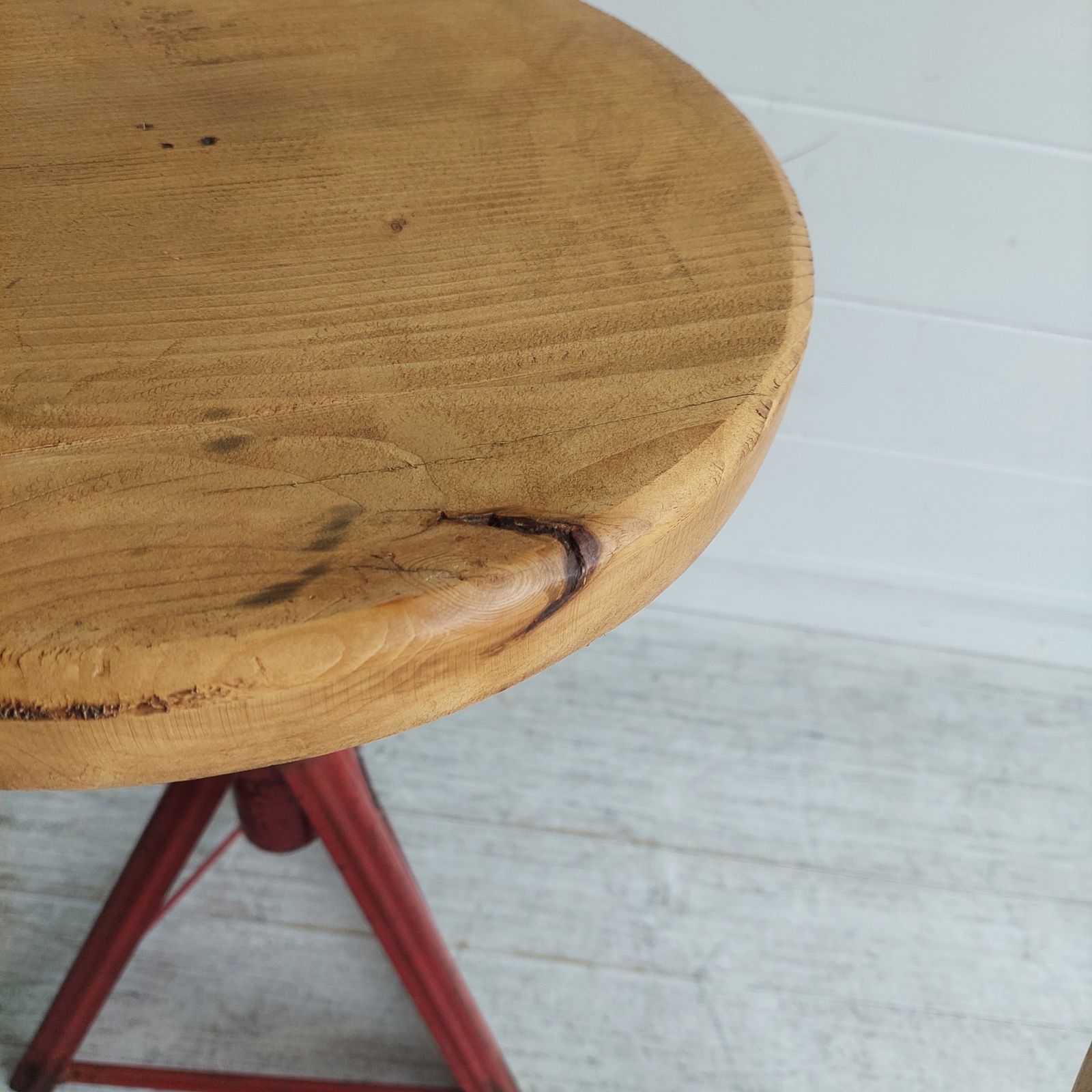 Furniture Mid Century Industrial Adjustable Stools Red Metal And Wood 1960s Set Of 2 photo