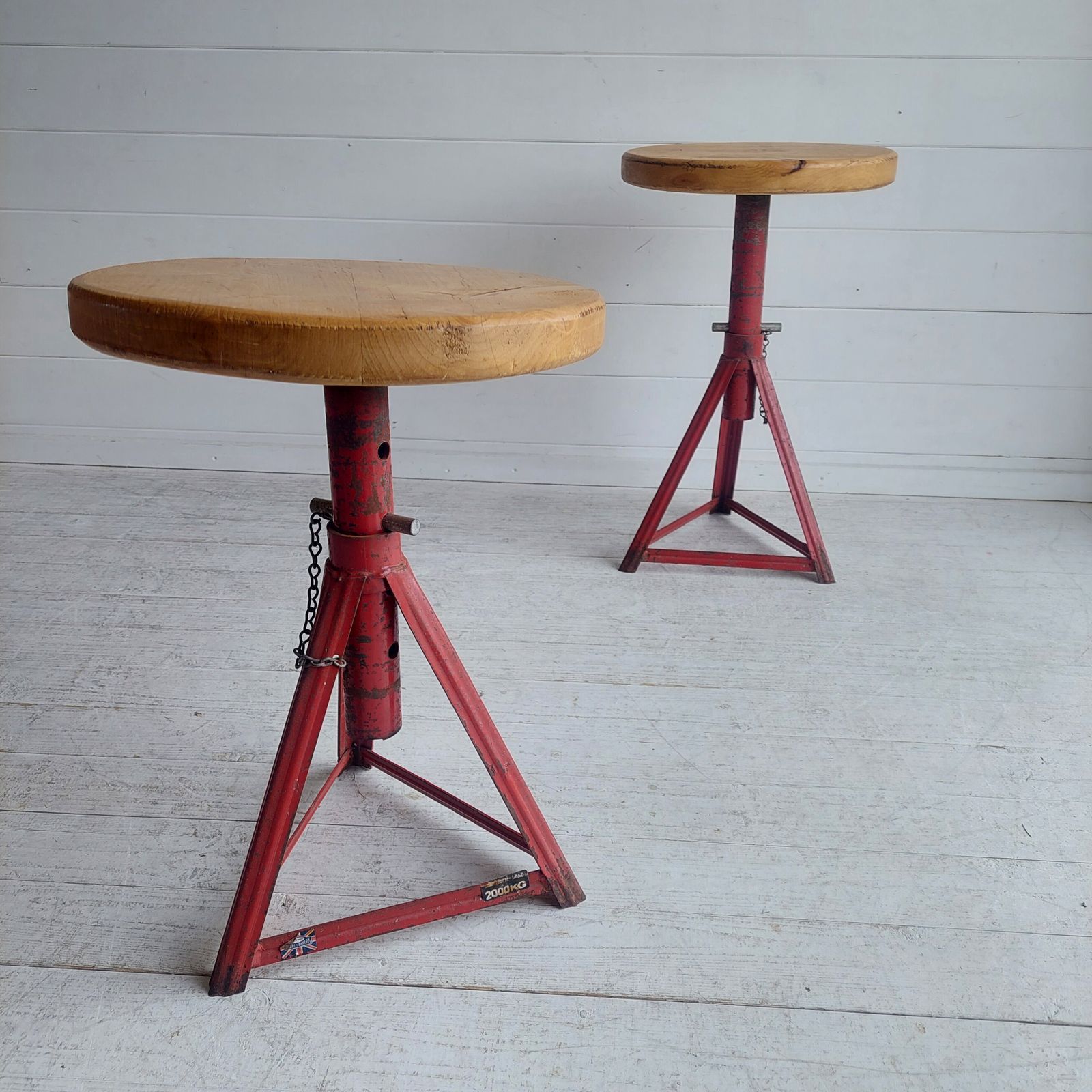 photo furniture Mid Century Industrial Adjustable Stools Red Metal And Wood 1960s Set Of 2