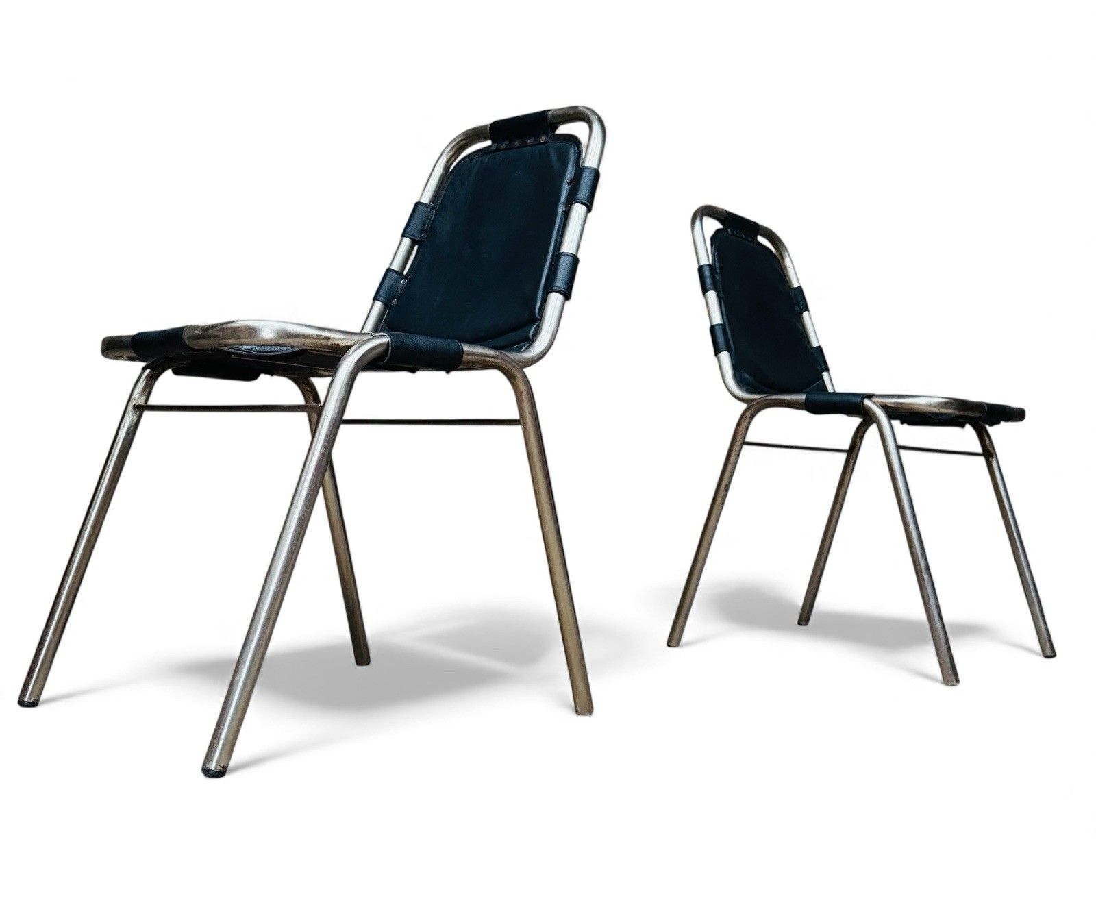 1495.0 Set Of Four Les Arcs Steel And Leather Dining Chairs Charlotte Perriand Style photo