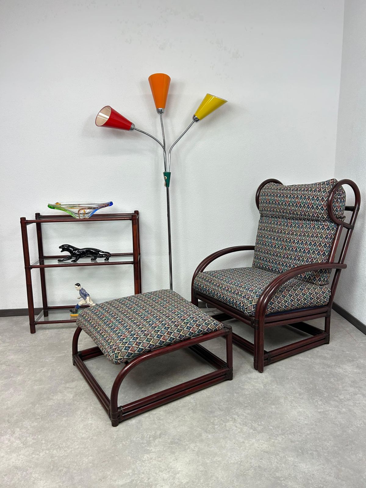 Mid Century Modern Bamboo Wingchair With Stool By Gervasoni photo for sale