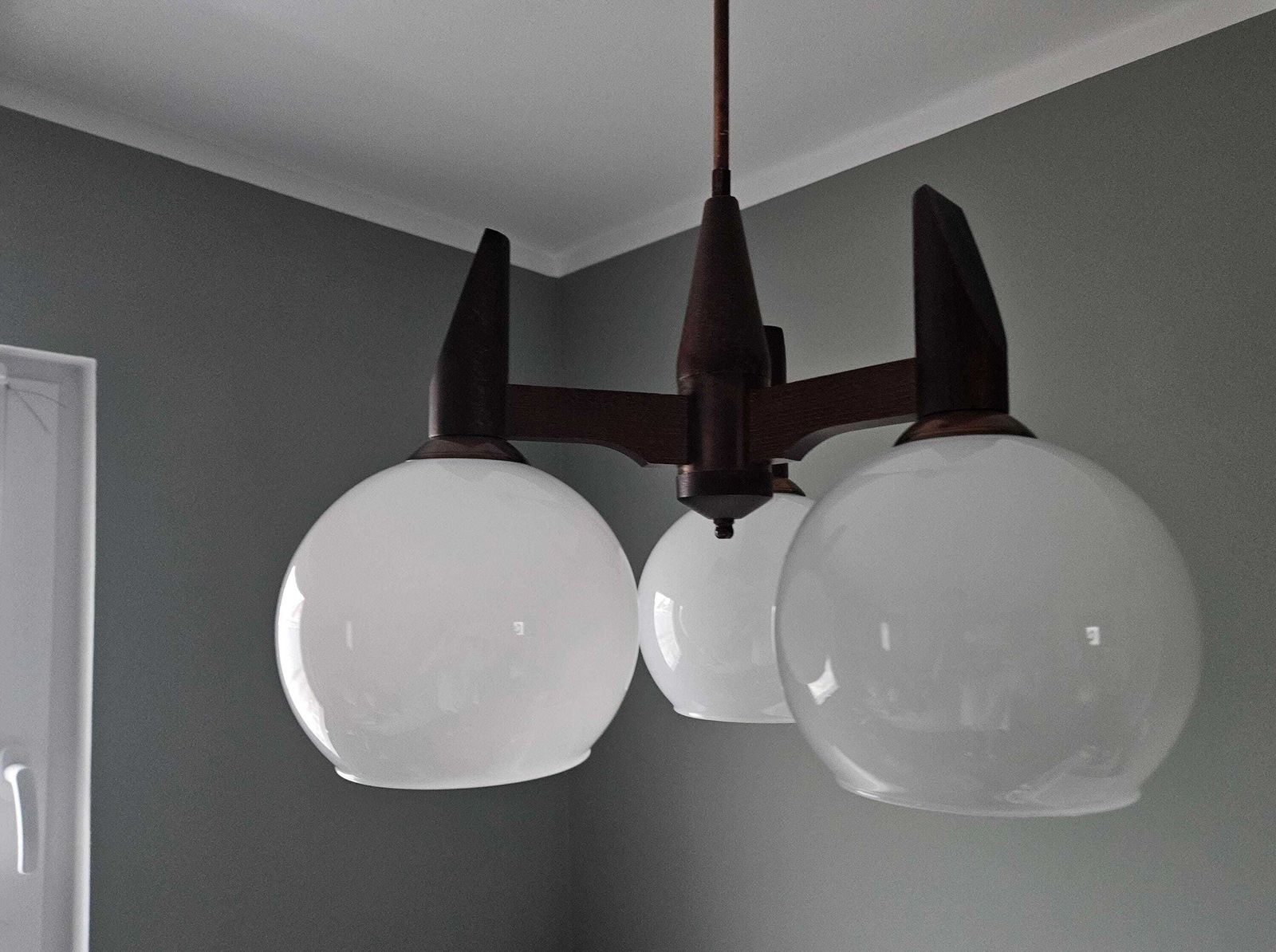 1 Of 2 / Vintage 3 Globe Wooden Chandelier And Glass Shades, Mid Century Modern photo furniture