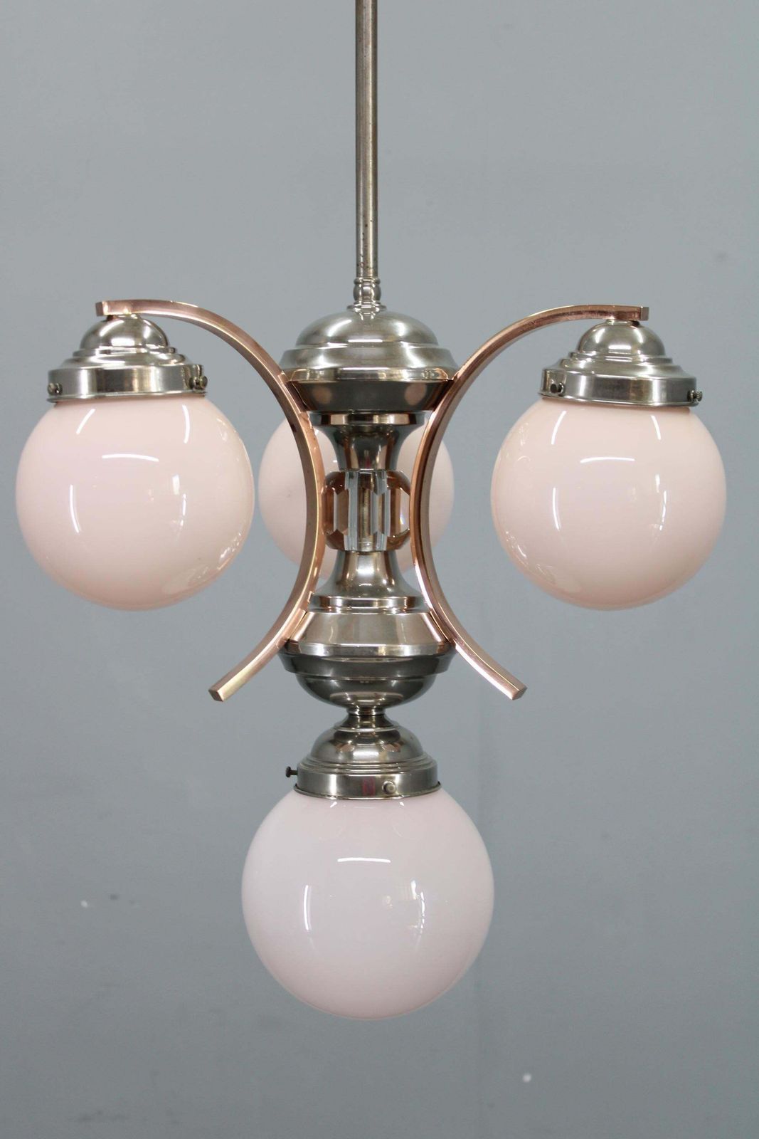 1930s Czechoslovak Art Deco Nickel Chandelier With Rose Opaline Glass Globes photo Lighting