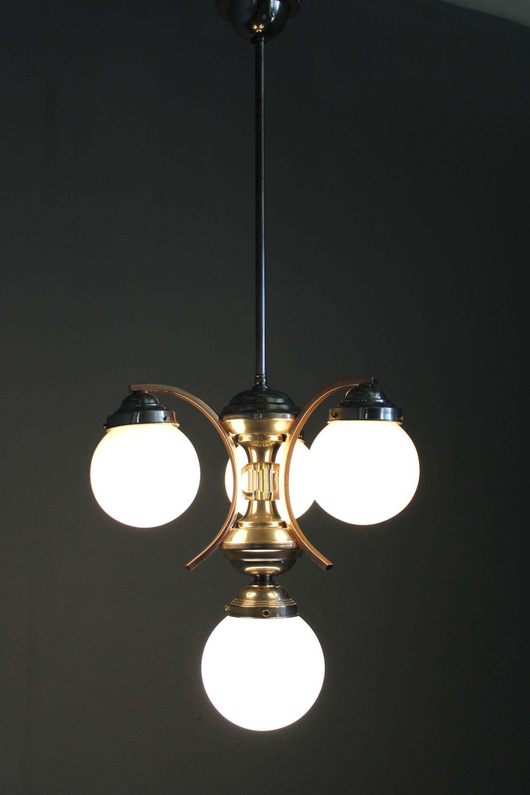 photo buy 1930s Czechoslovak Art Deco Nickel Chandelier With Rose Opaline Glass Globes
