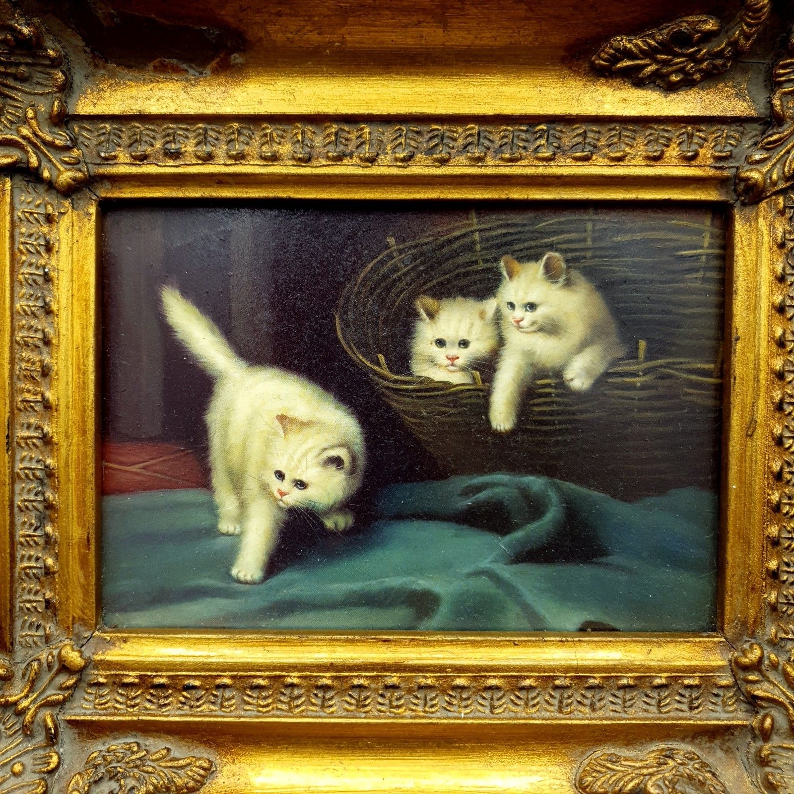 Carvers & Gilders Kitten Cat Print Arthur Heyer Ornate Gold Frame W28 H22.5 photo furniture