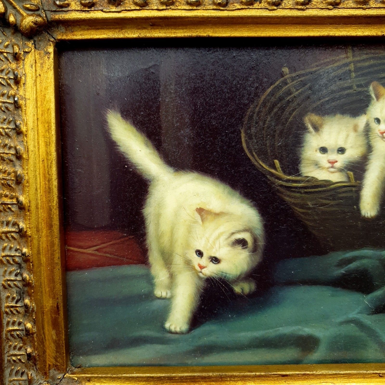 Carvers & Gilders Kitten Cat Print Arthur Heyer Ornate Gold Frame W28 H22.5 photo for sale