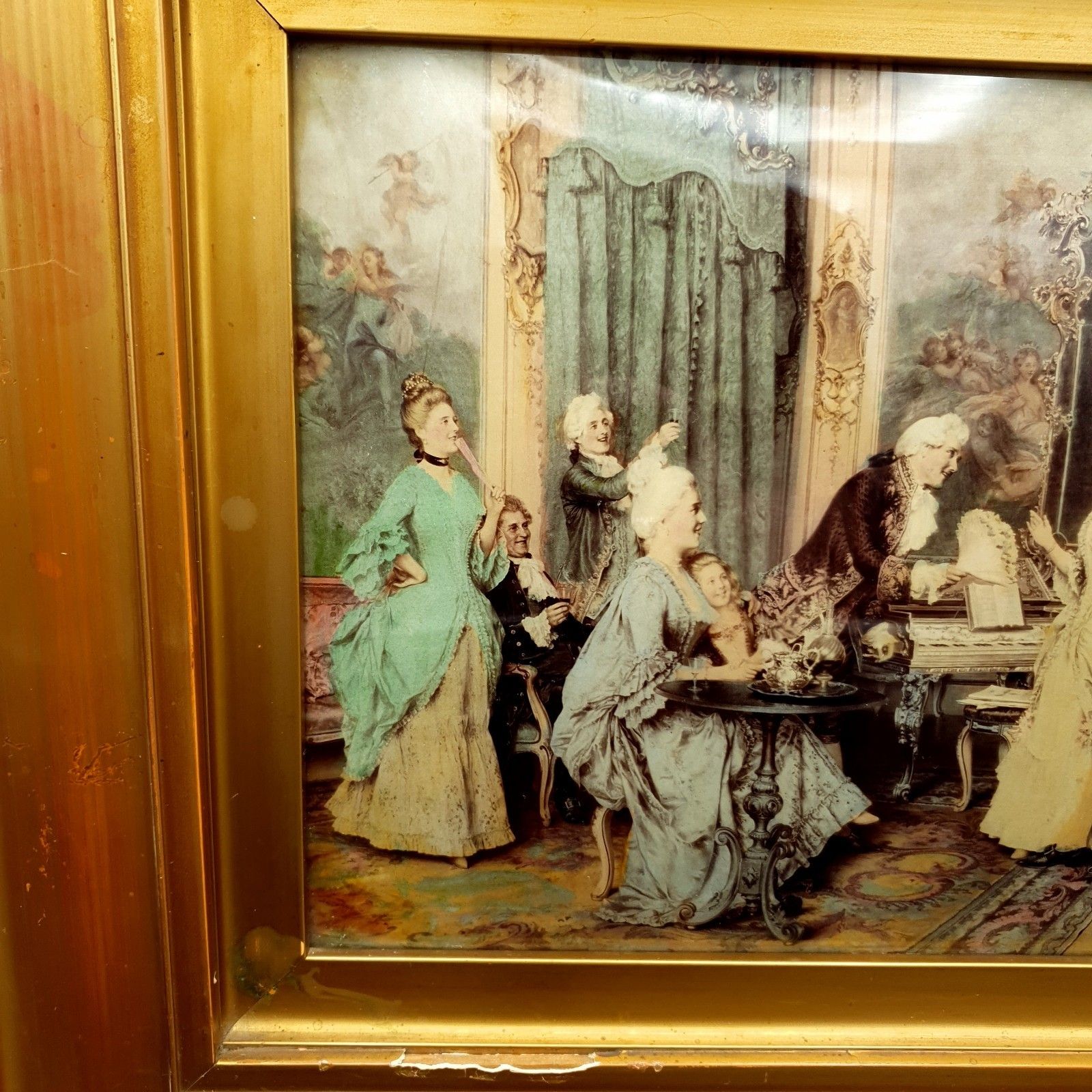 Antique Crystoleum Picture Rococo Betrothal Scene C1900 L39.5cm X H33cm Framed photo furniture