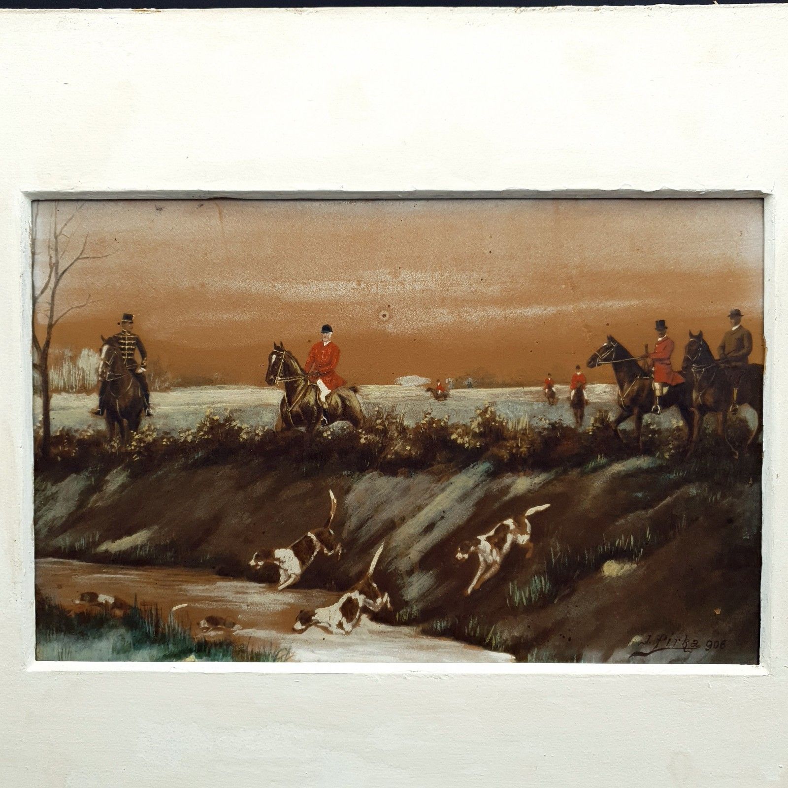Signed Josef Pirka Watercolour Equestrian Hunting Scene 1906 Bohemia Antique Art photo vinterior