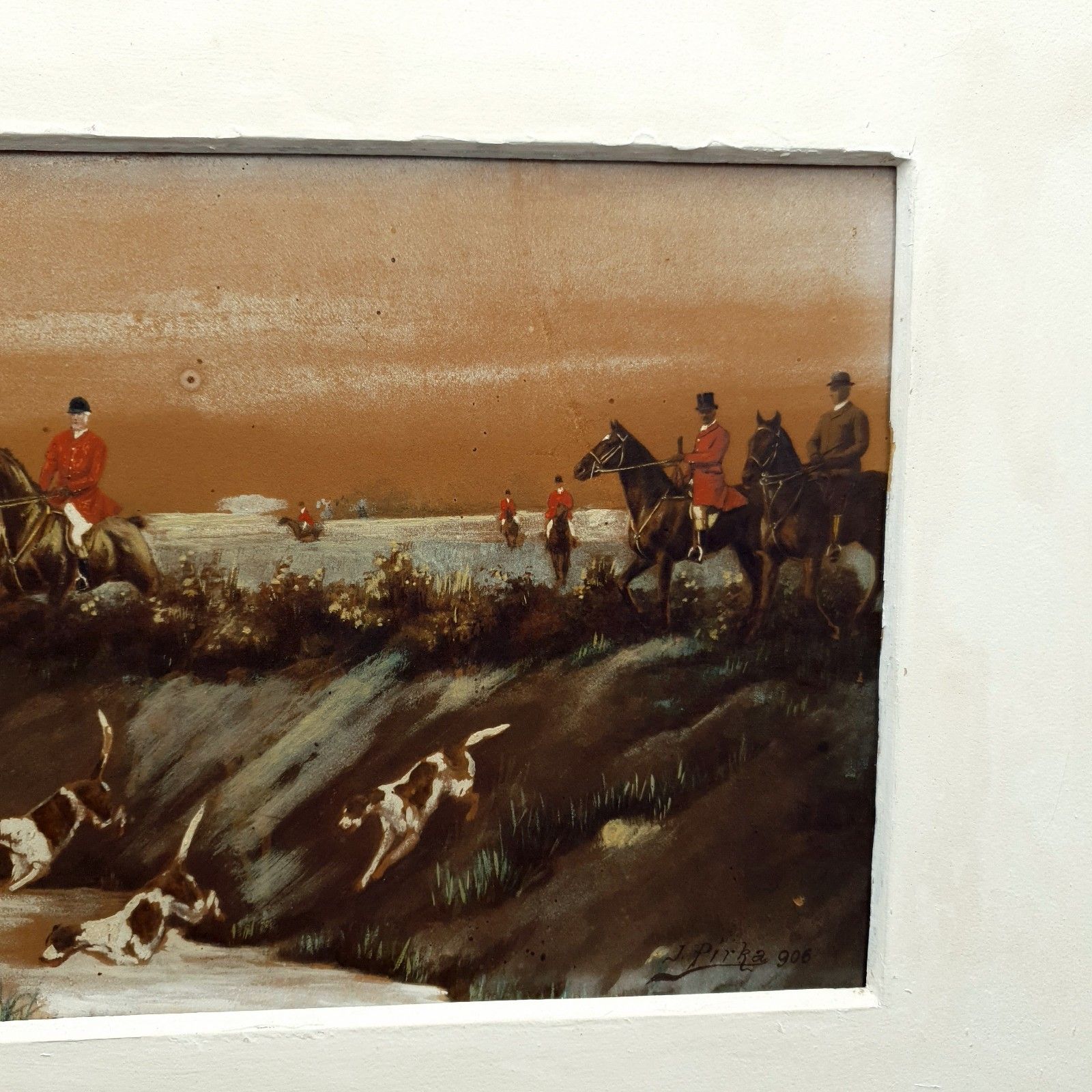 photo furniture Signed Josef Pirka Watercolour Equestrian Hunting Scene 1906 Bohemia Antique Art
