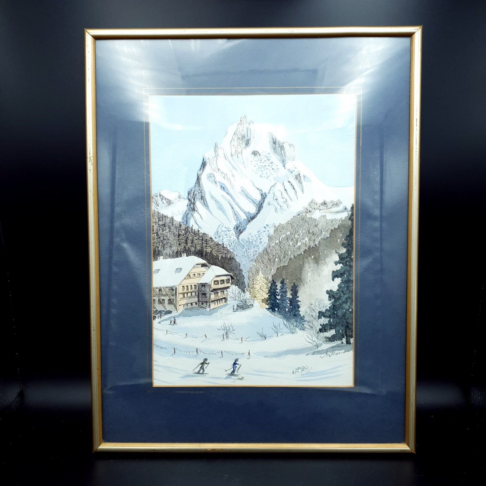 Signed Watercolour A Thomas? Alpine Mountain Skiing Scene Framed H40.5cmxl31cm