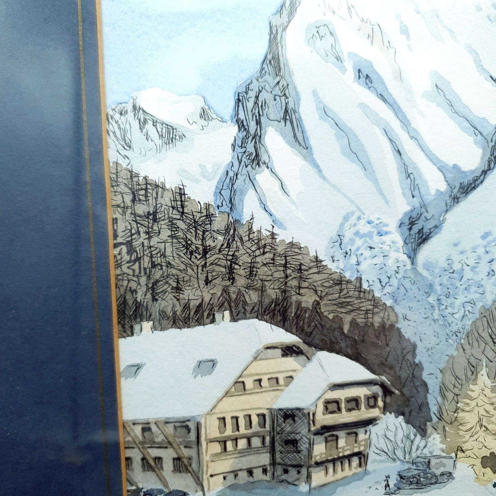Signed Watercolour A Thomas? Alpine Mountain Skiing Scene Framed H40.5cmxl31cm photo vinterior