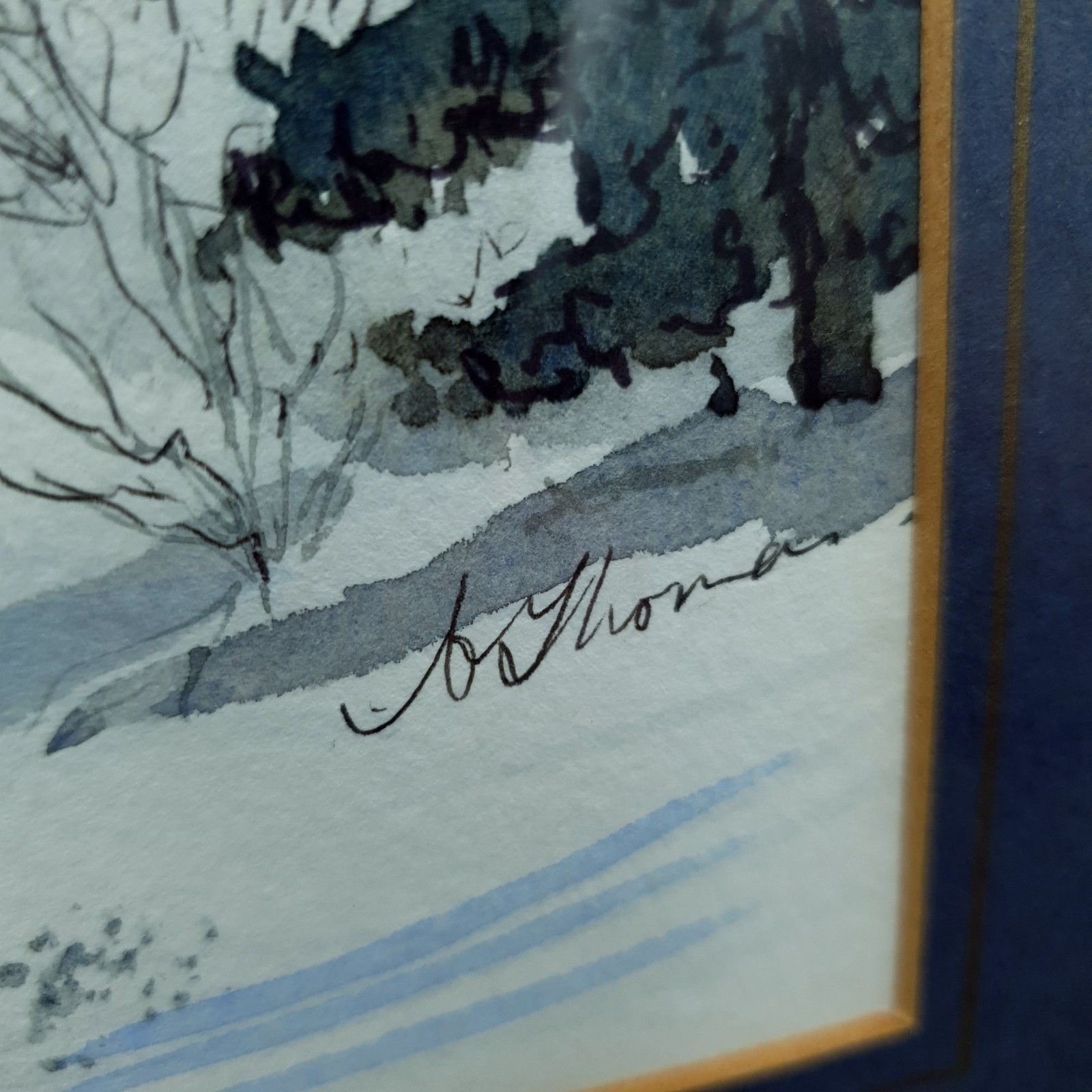 70.0 Signed Watercolour A Thomas? Alpine Mountain Skiing Scene Framed H40.5cmxl31cm photo