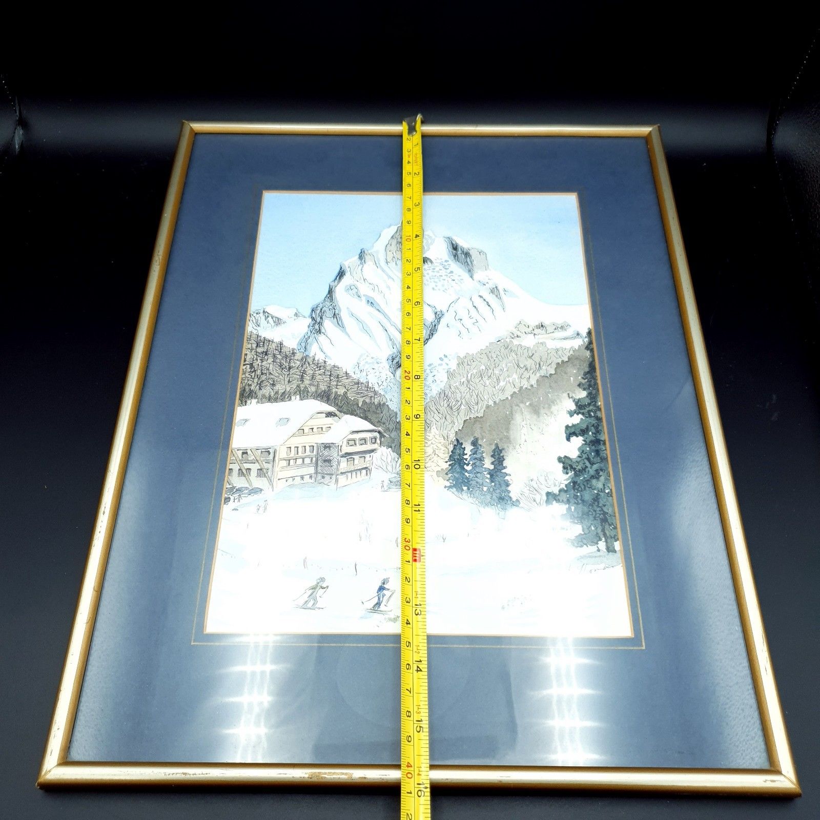 photo buy Signed Watercolour A Thomas? Alpine Mountain Skiing Scene Framed H40.5cmxl31cm