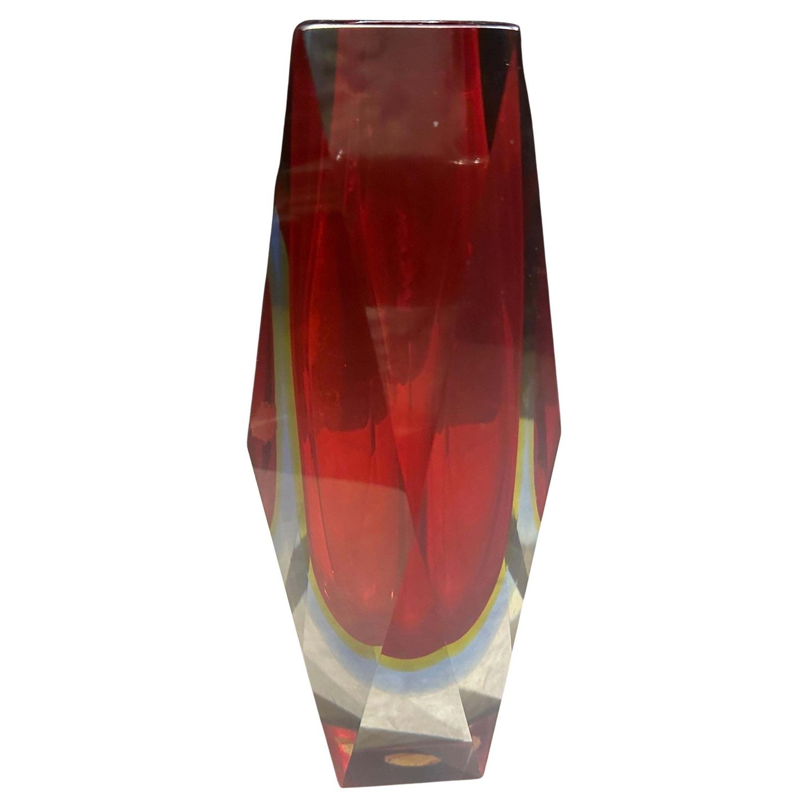 1970s Modernist Red Faceted Murano Glass Vase By Seguso