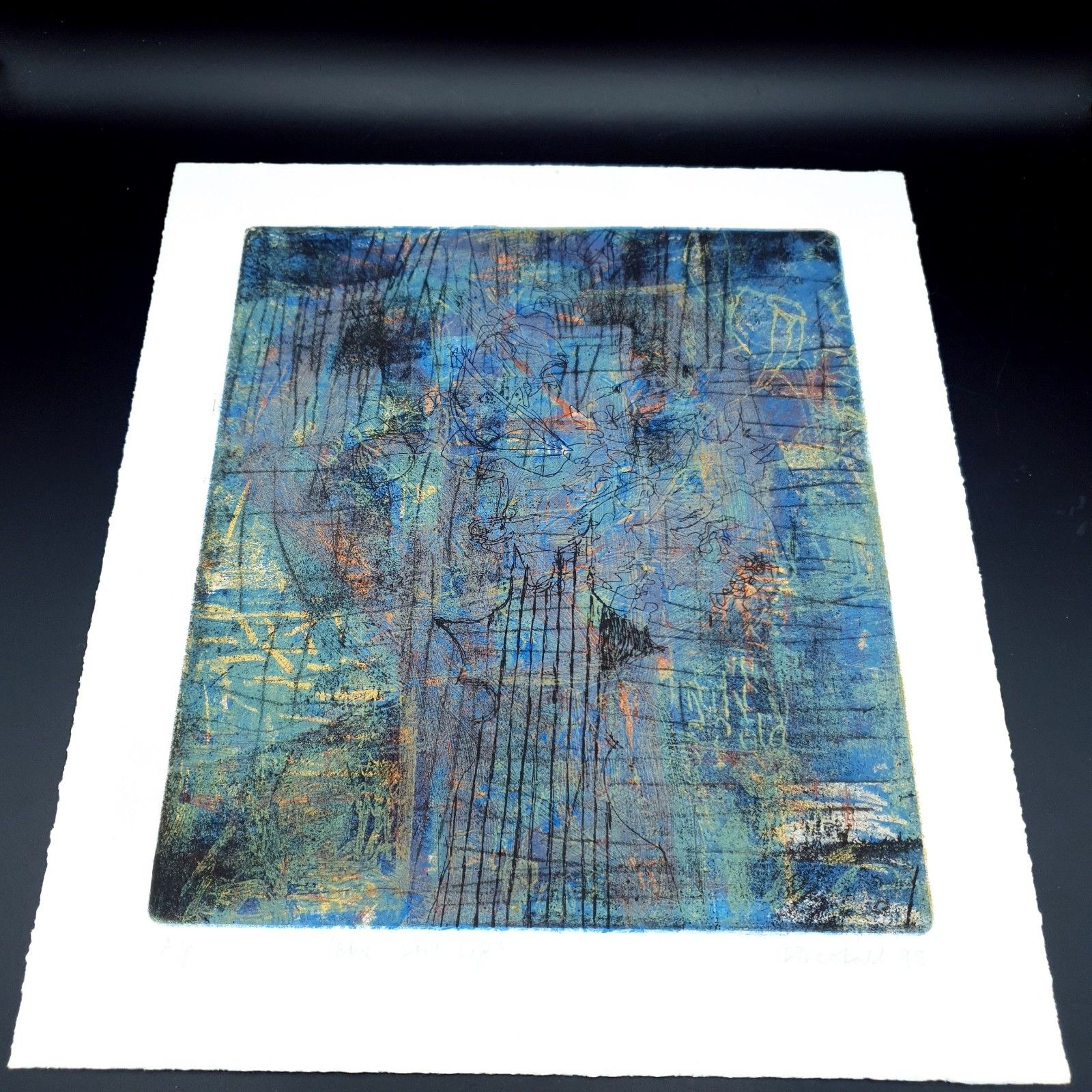 Dom Theobald Signed Limited Print Etching 1995 Named Blue Still Life H37xl33cm