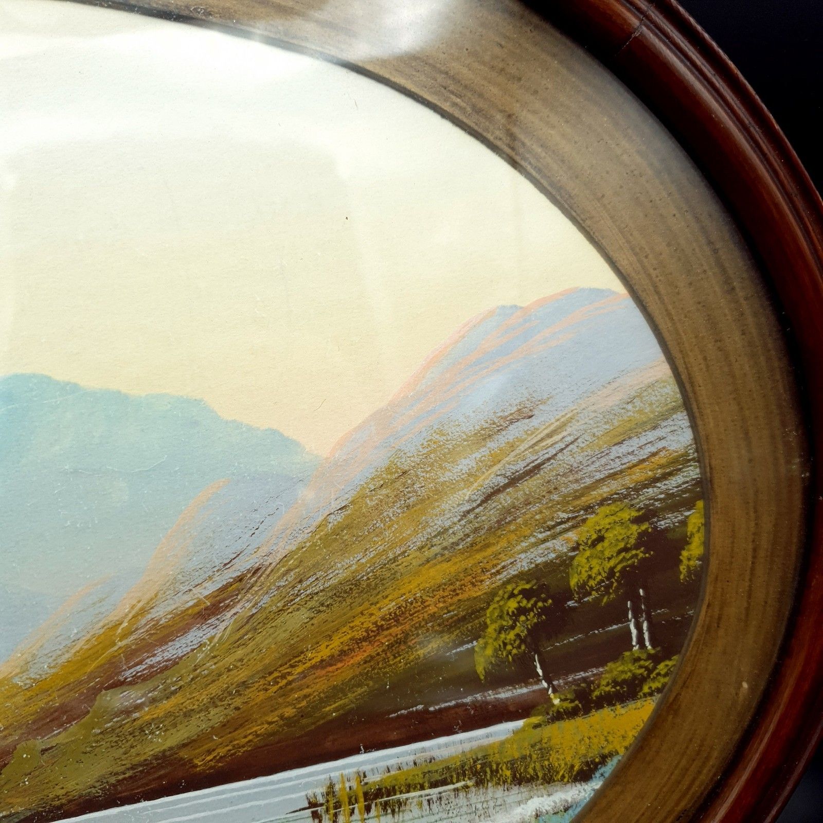 Watercolour Oval Antique? Vintage Mountain Lake & Boat Scene L40cm H32.3cm photo 60.0