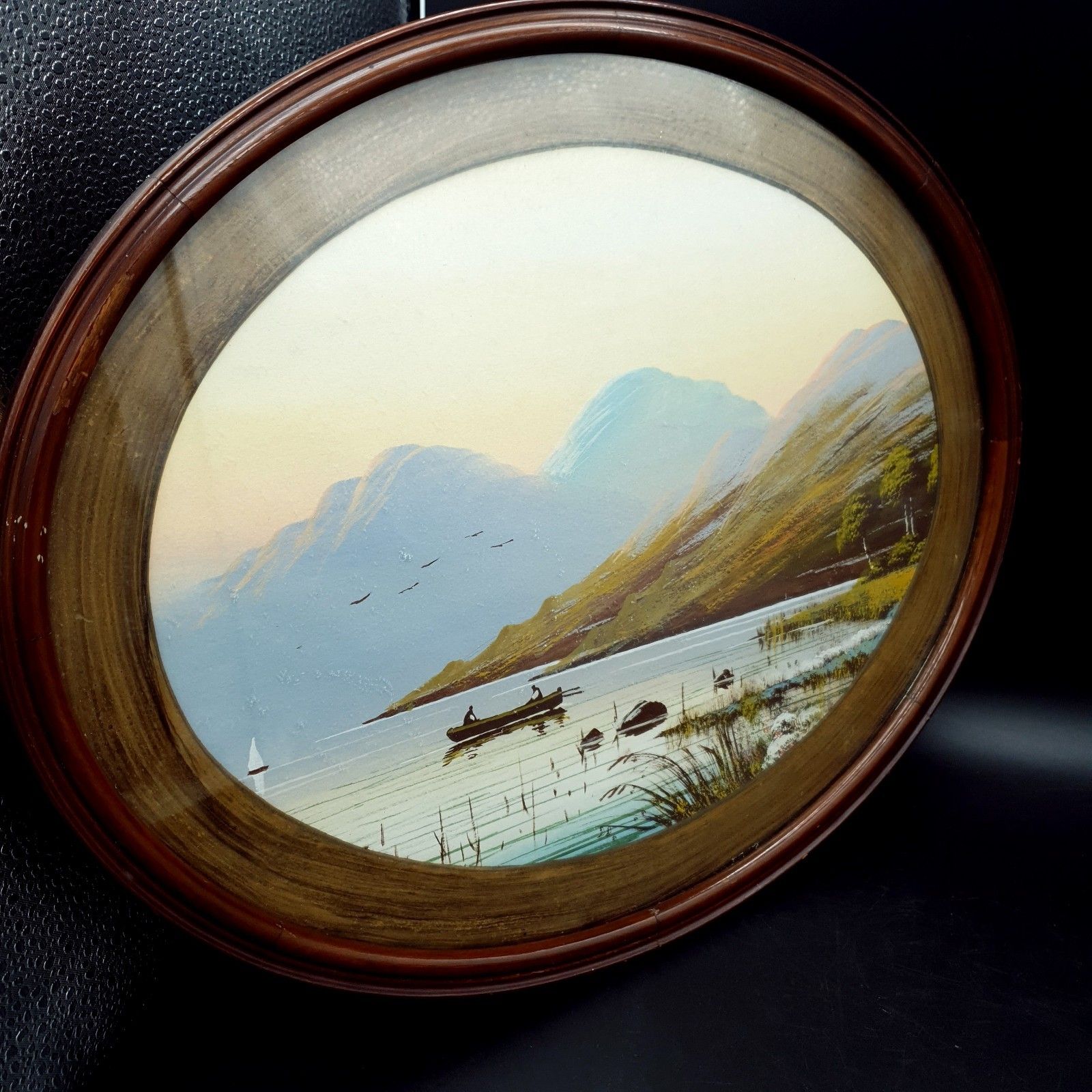 photo for sale Watercolour Oval Antique? Vintage Mountain Lake & Boat Scene L40cm H32.3cm
