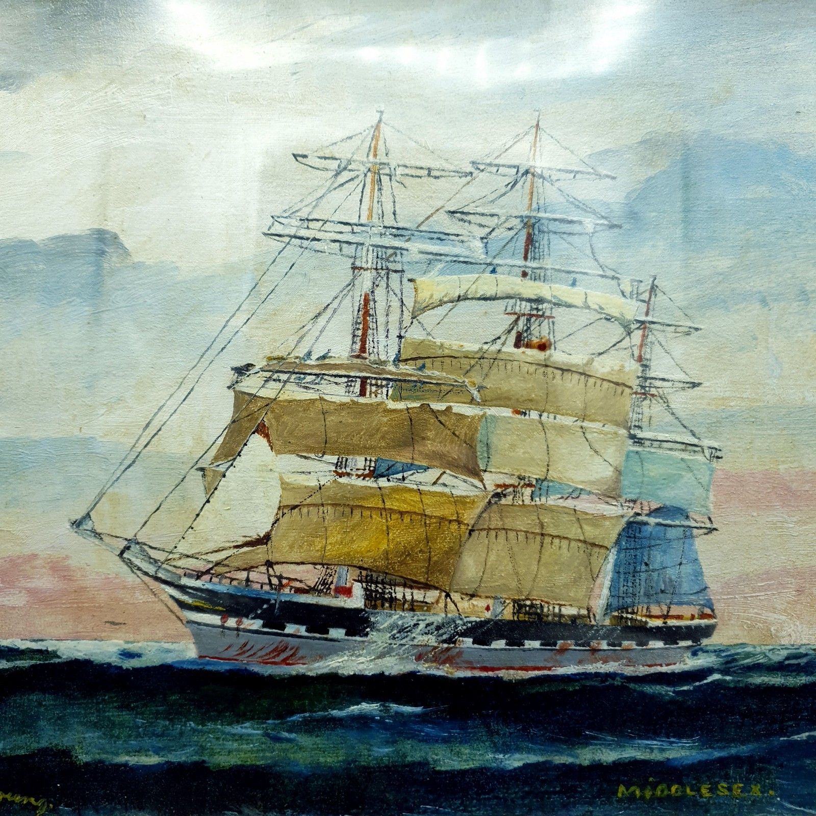 Captain George Young Signed Oil Painting Middlesex C1930s Clan Line Ship W35x27c photo furniture