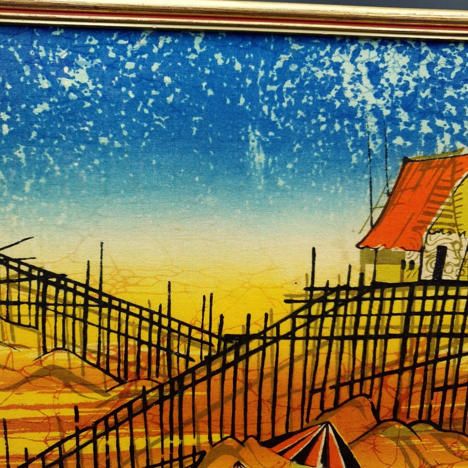 Vintage Malaysian Batik Art Panel Signed Village Harvest C1950 60s L50.5cmxh37cm photo for sale