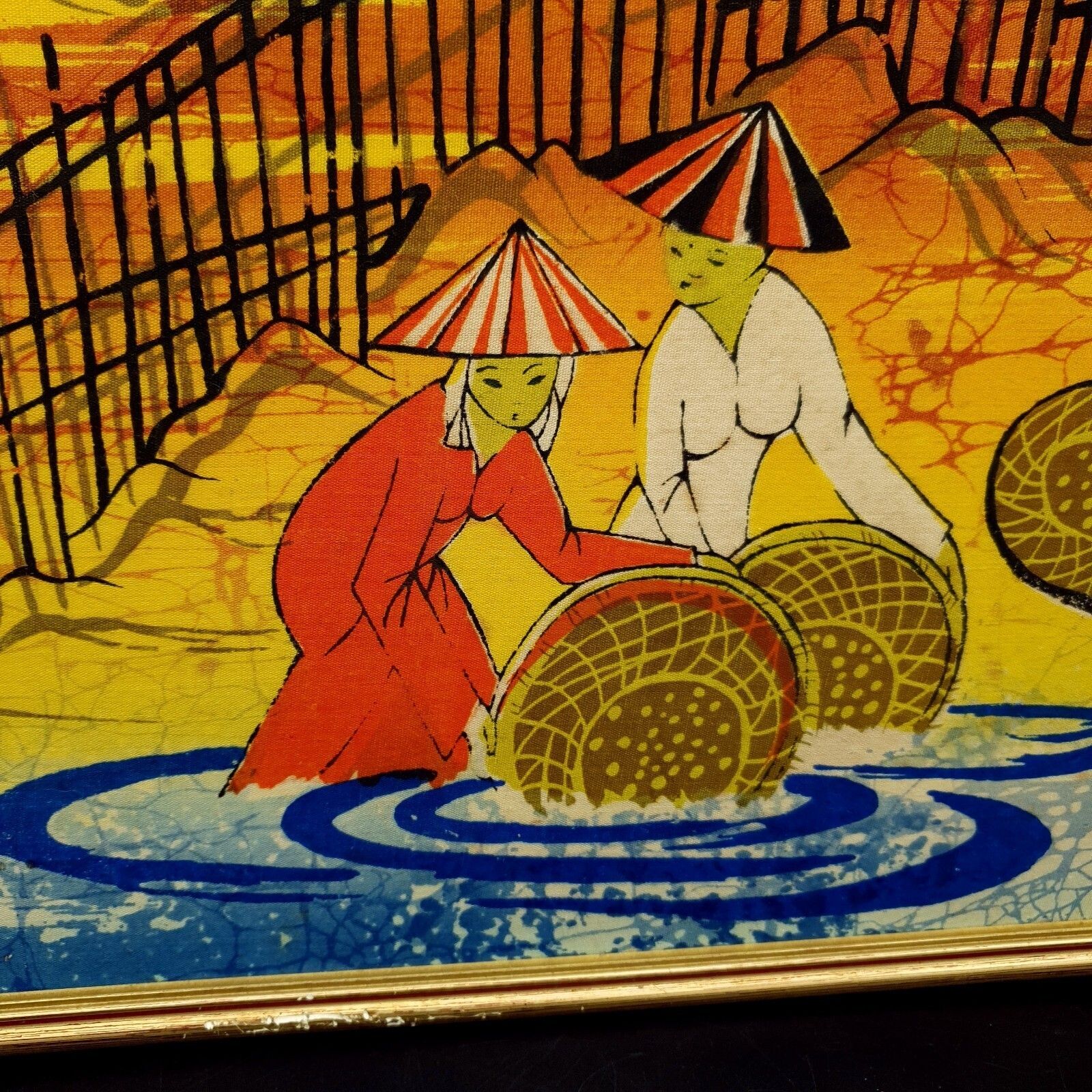 Art Vintage Malaysian Batik Art Panel Signed Village Harvest C1950 60s L50.5cmxh37cm photo