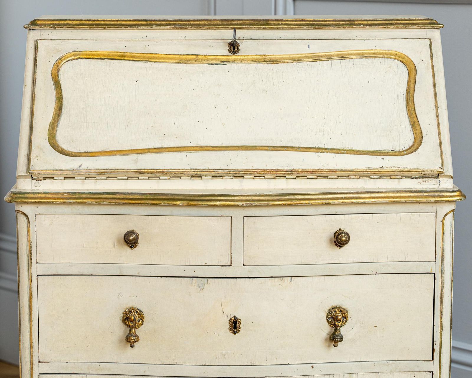 Small Antique Italian Drop Front Scriban Desk In Original Paint And Gilt Accents photo vintage