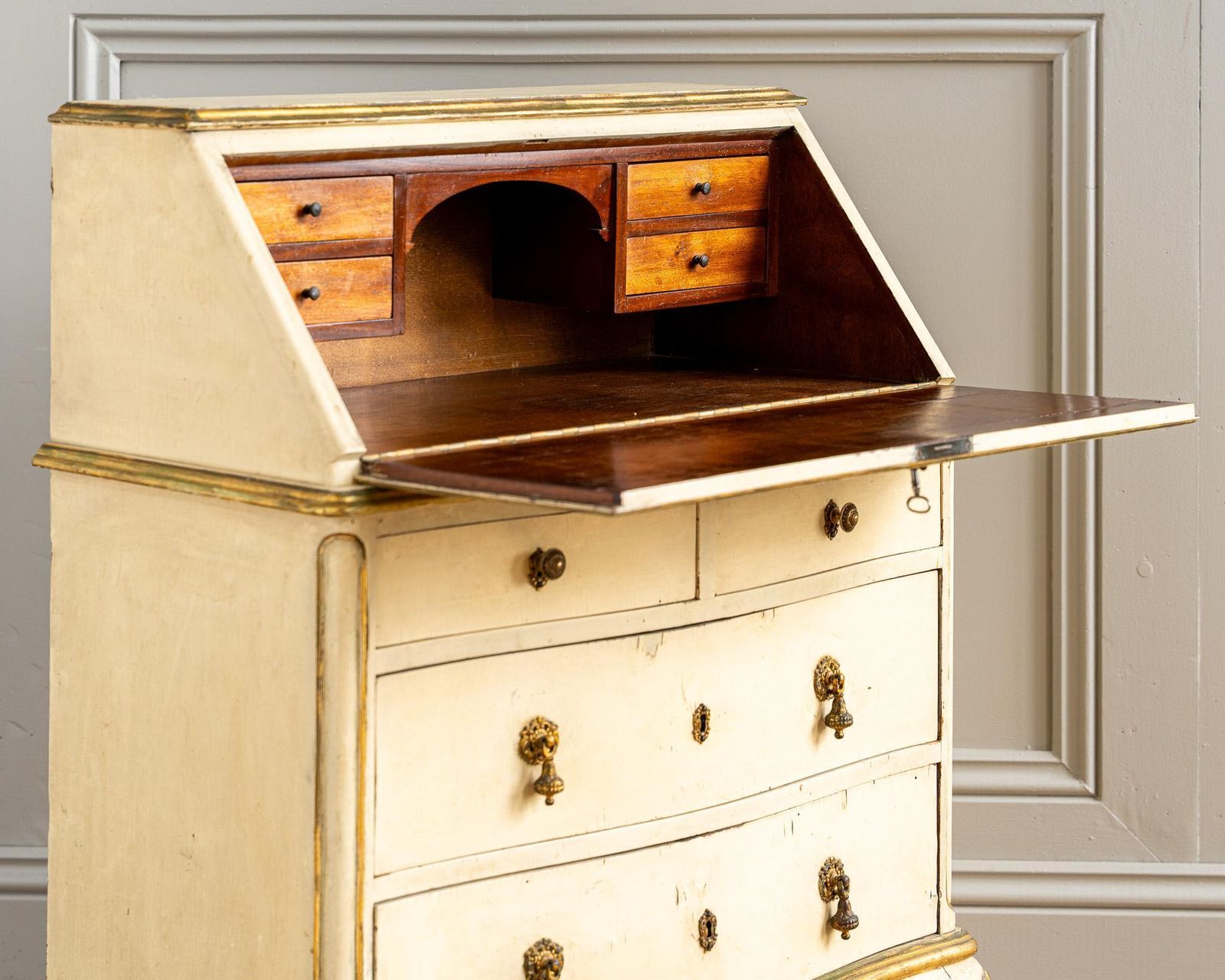 Furniture Small Antique Italian Drop Front Scriban Desk In Original Paint And Gilt Accents photo