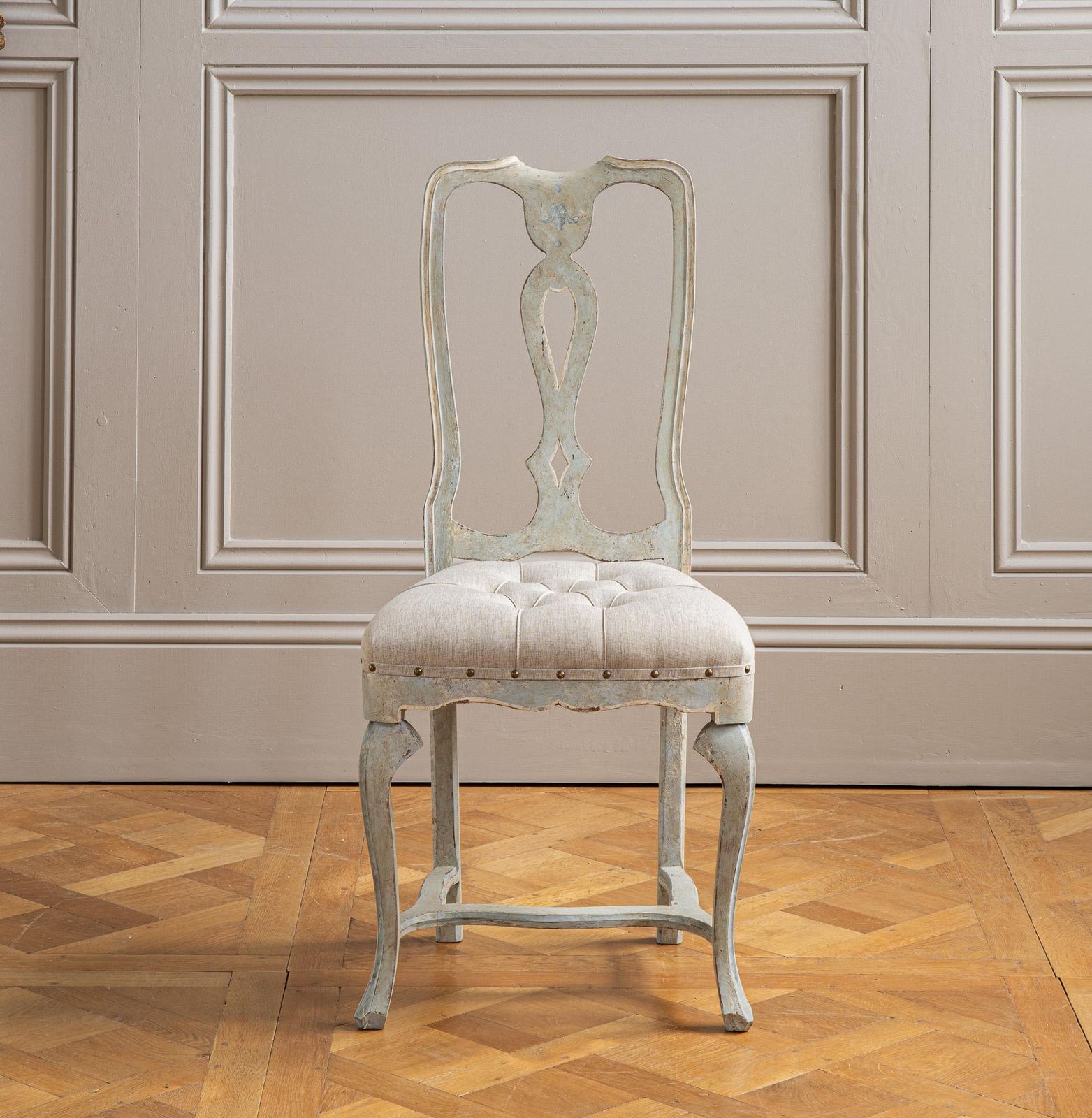 Set Of 6 Early 20th C. Italian Dining Chairs With Pale Grey Blue Painted Patina photo vinterior