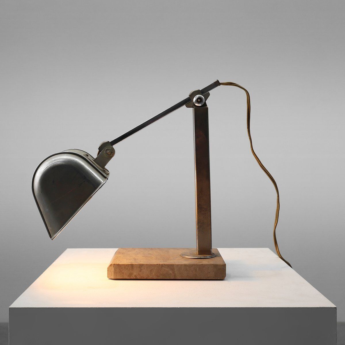 Art Deco Industrial Metal And Travertine Desk Lamp, Belgium, 1930s