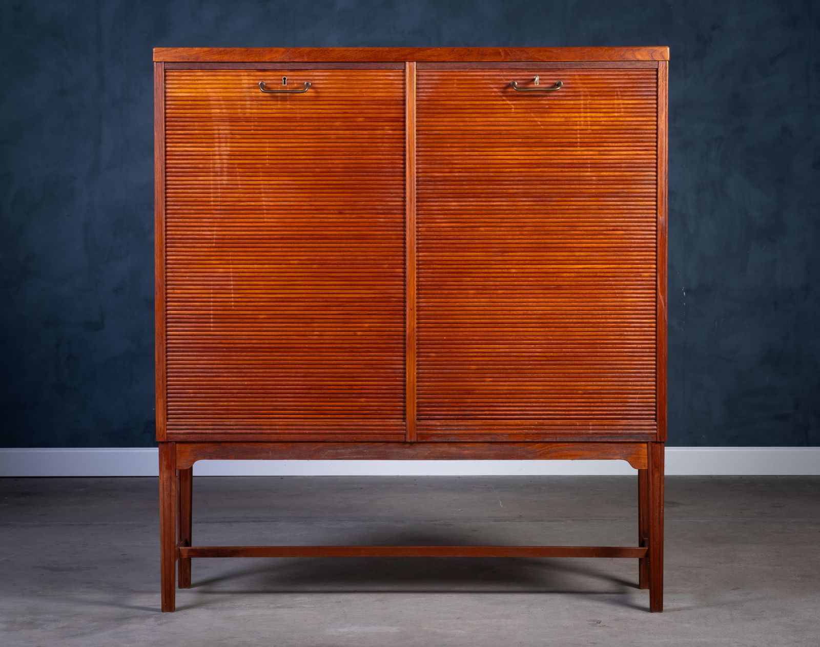 Teak Tambour Cabinet With Brass Handle, Danish Design, 1960s photo vinterior