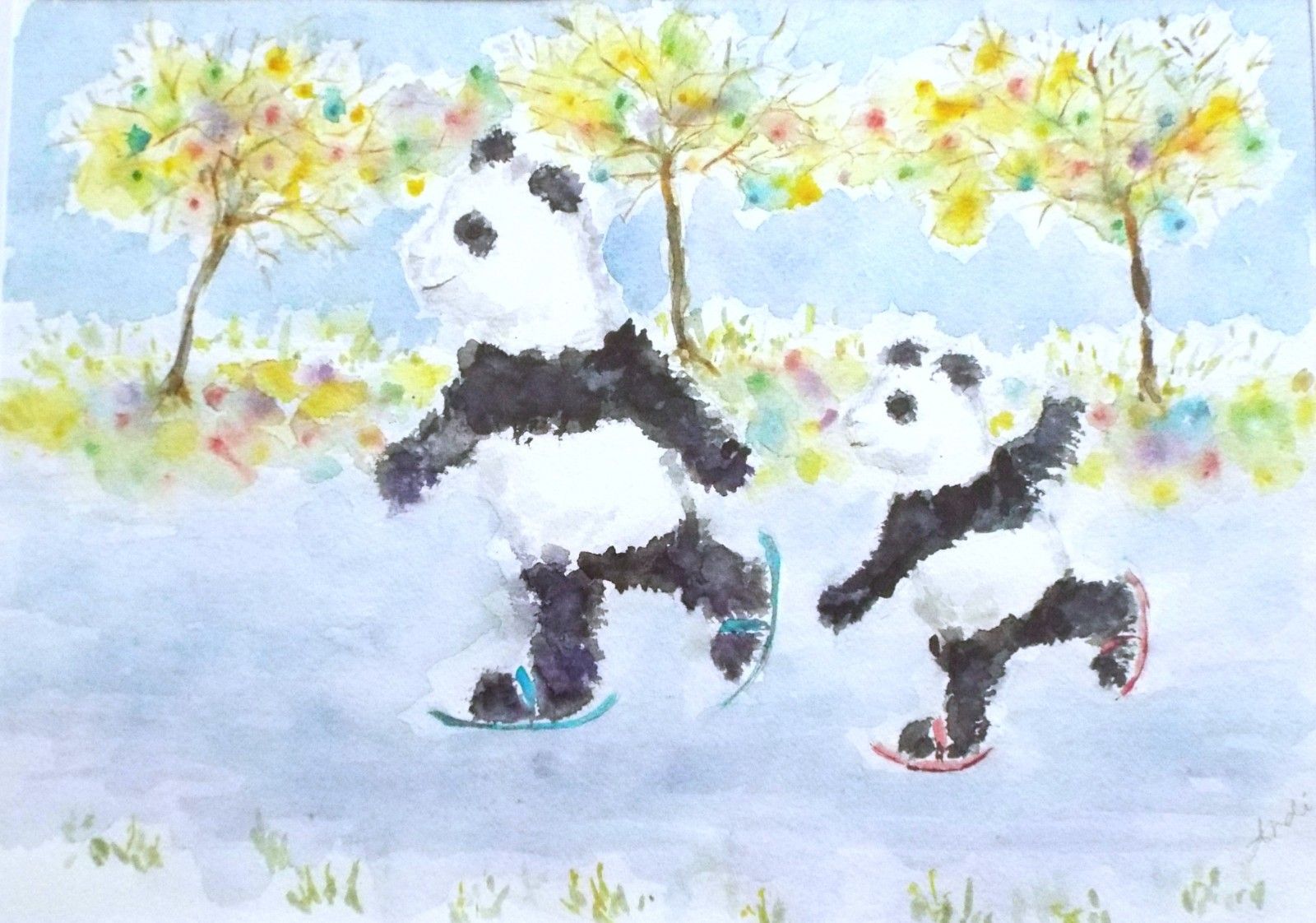 Skating Pandas Cubs Cute Original Watercolour Framed Painting Andi  J Lucas