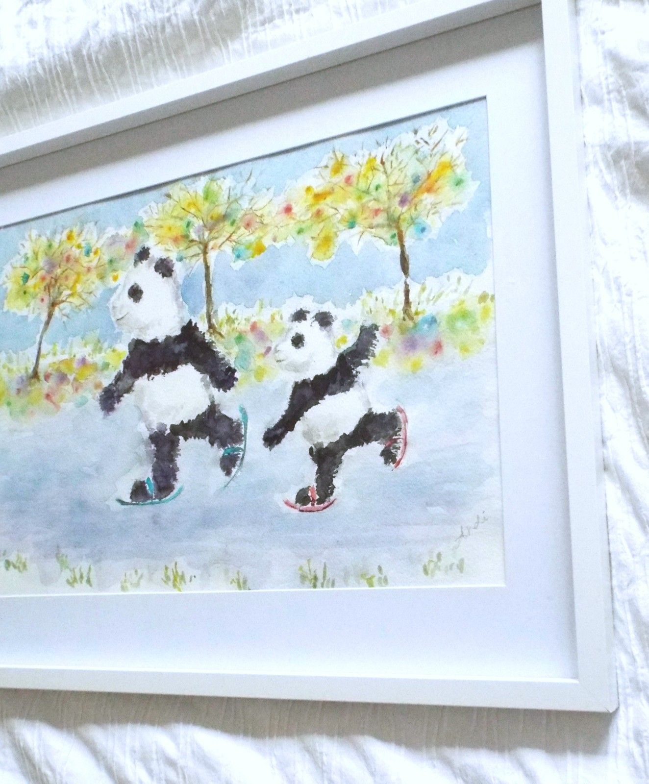 Skating Pandas Cubs Cute Original Watercolour Framed Painting Andi  J Lucas photo Art