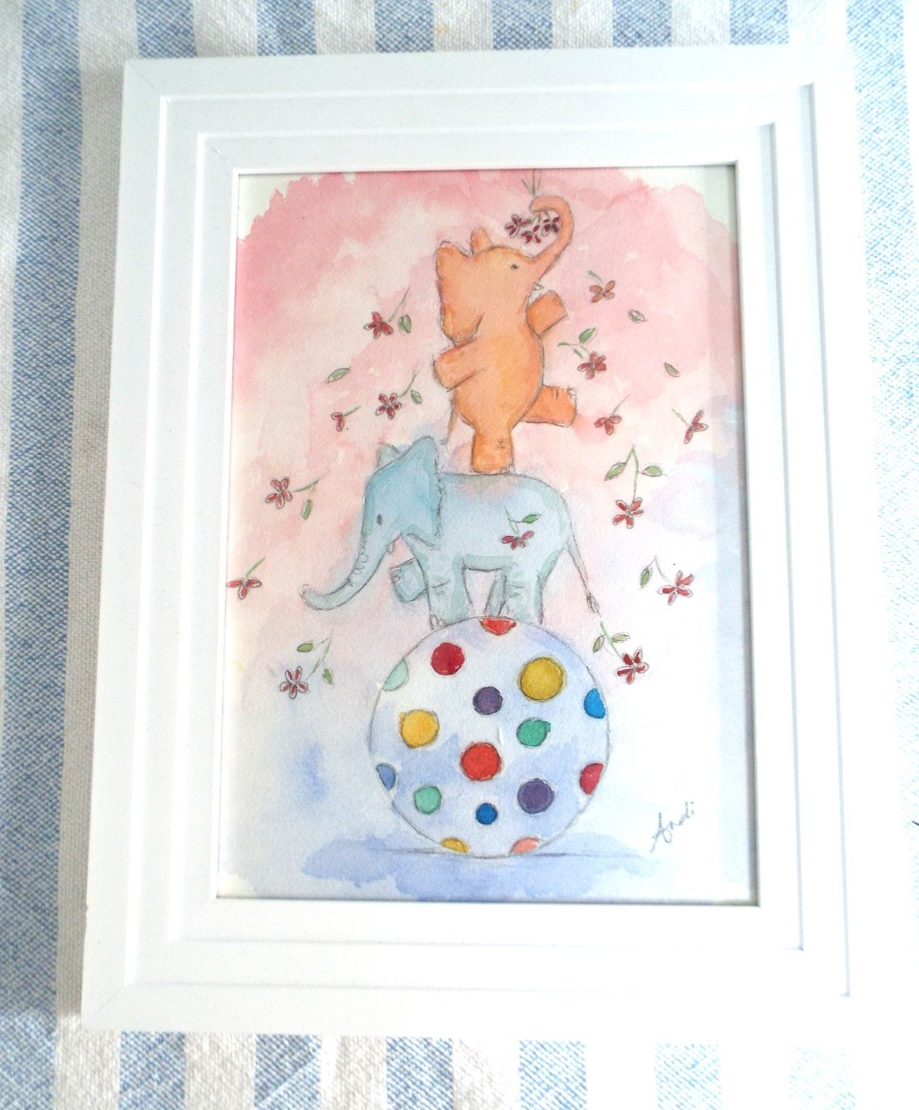 Watercolour Cute Fun Elephants Illustration Painting Framed Original Andi Lucas