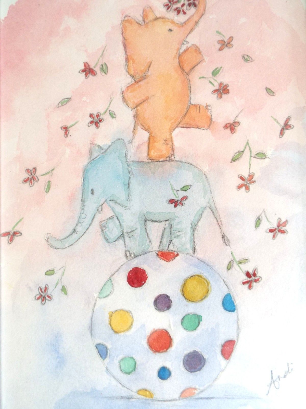 Watercolour Cute Fun Elephants Illustration Painting Framed Original Andi Lucas photo furniture