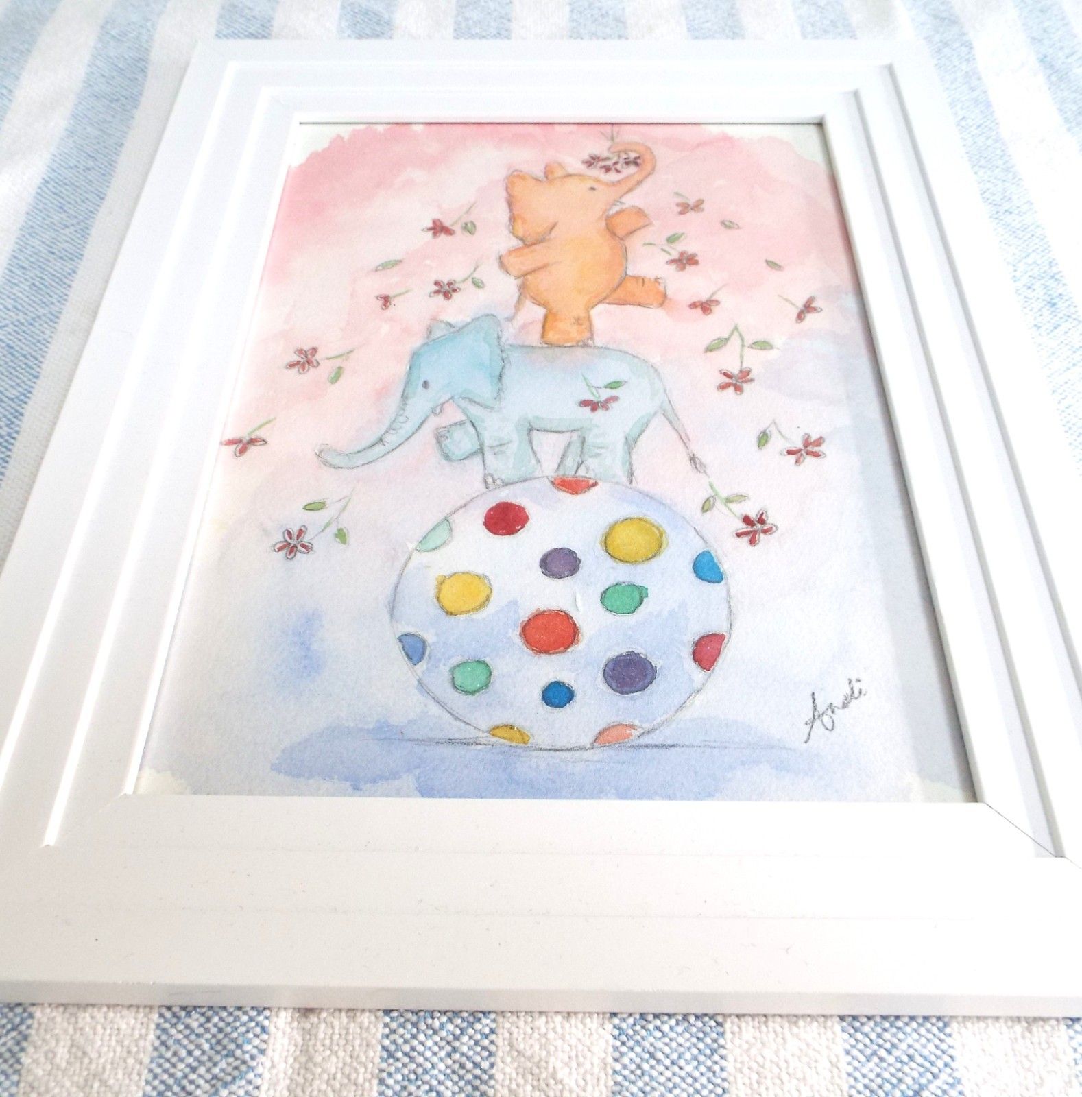 Watercolour Cute Fun Elephants Illustration Painting Framed Original Andi Lucas photo for sale
