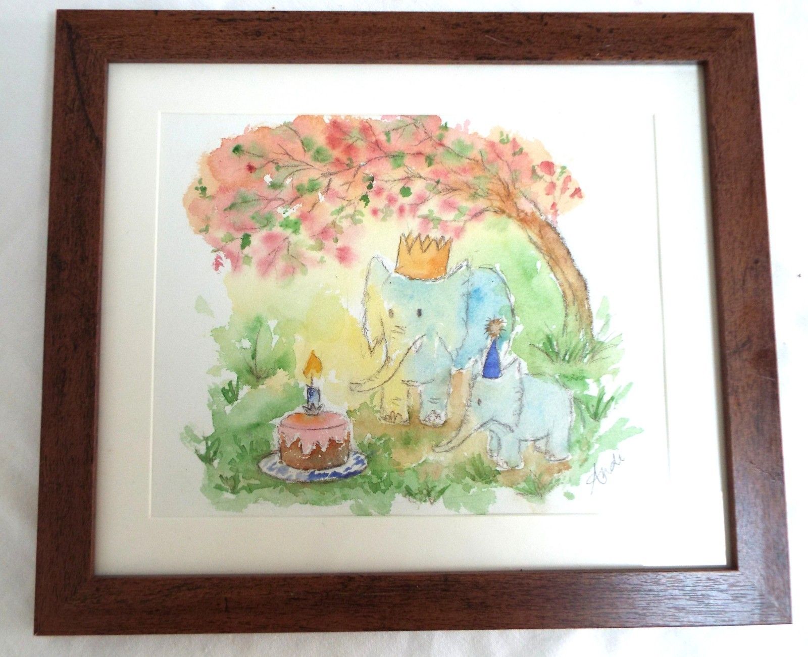 Birthday Elephant Illustration Framed Original Watercolour Painting Andi Lucas