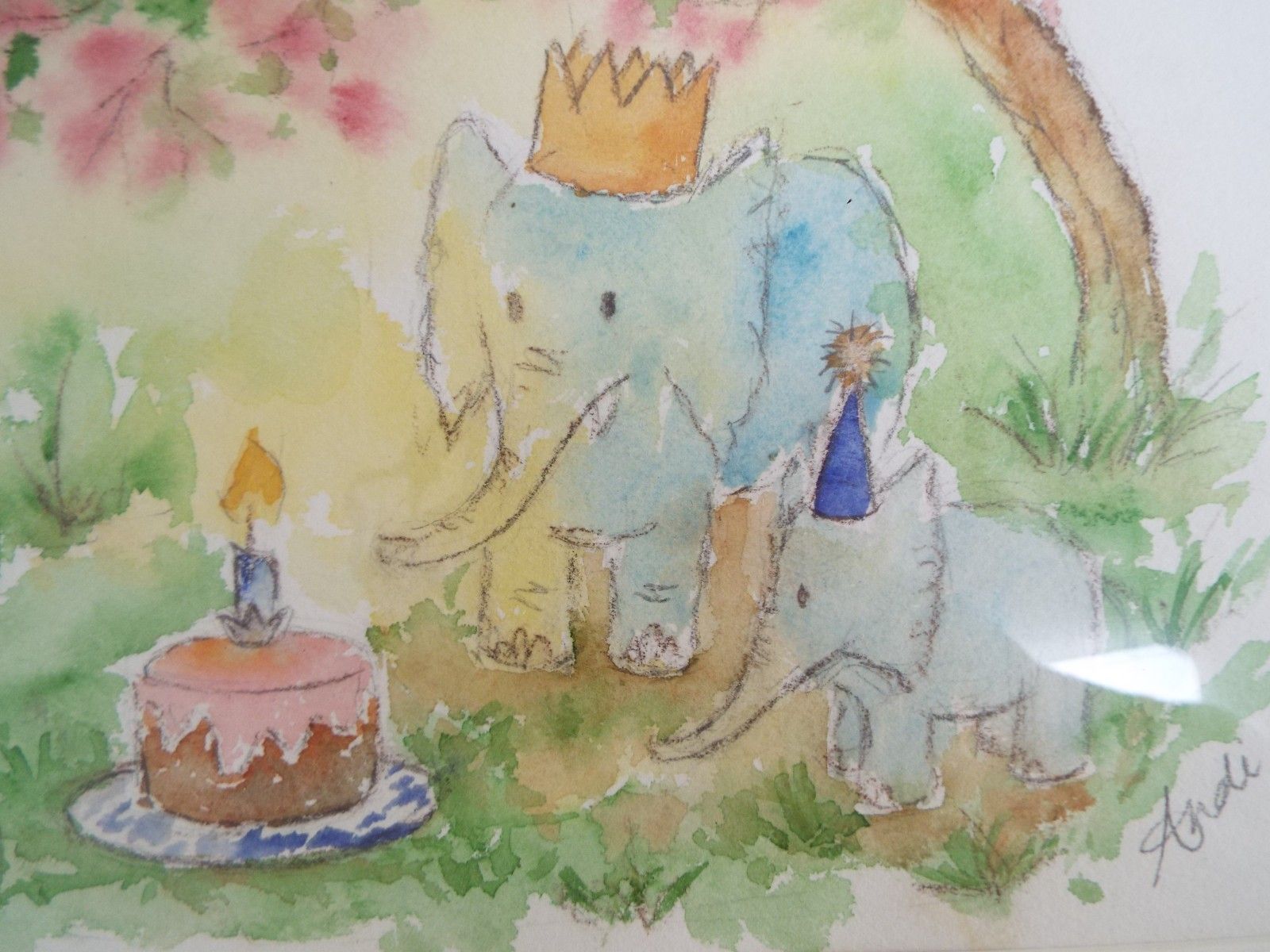 Birthday Elephant Illustration Framed Original Watercolour Painting Andi Lucas photo Art