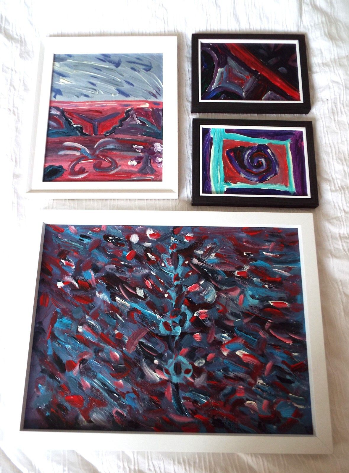 Set Of 4 New Original Abstract Framed Paintings Red Purple Blue Fraser Lucas