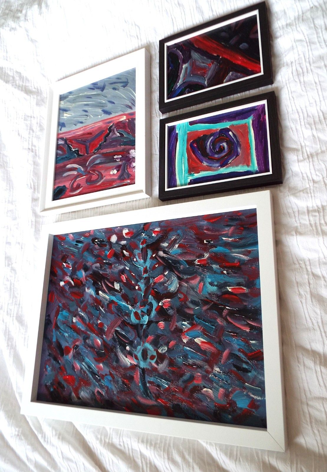 Set Of 4 New Original Abstract Framed Paintings Red Purple Blue Fraser Lucas photo 84.0