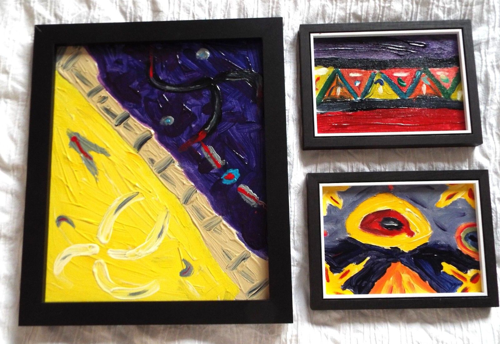 Set Of 3 New Original Abstract Framed Paintings Purple Yellow Red Fraser Lucas