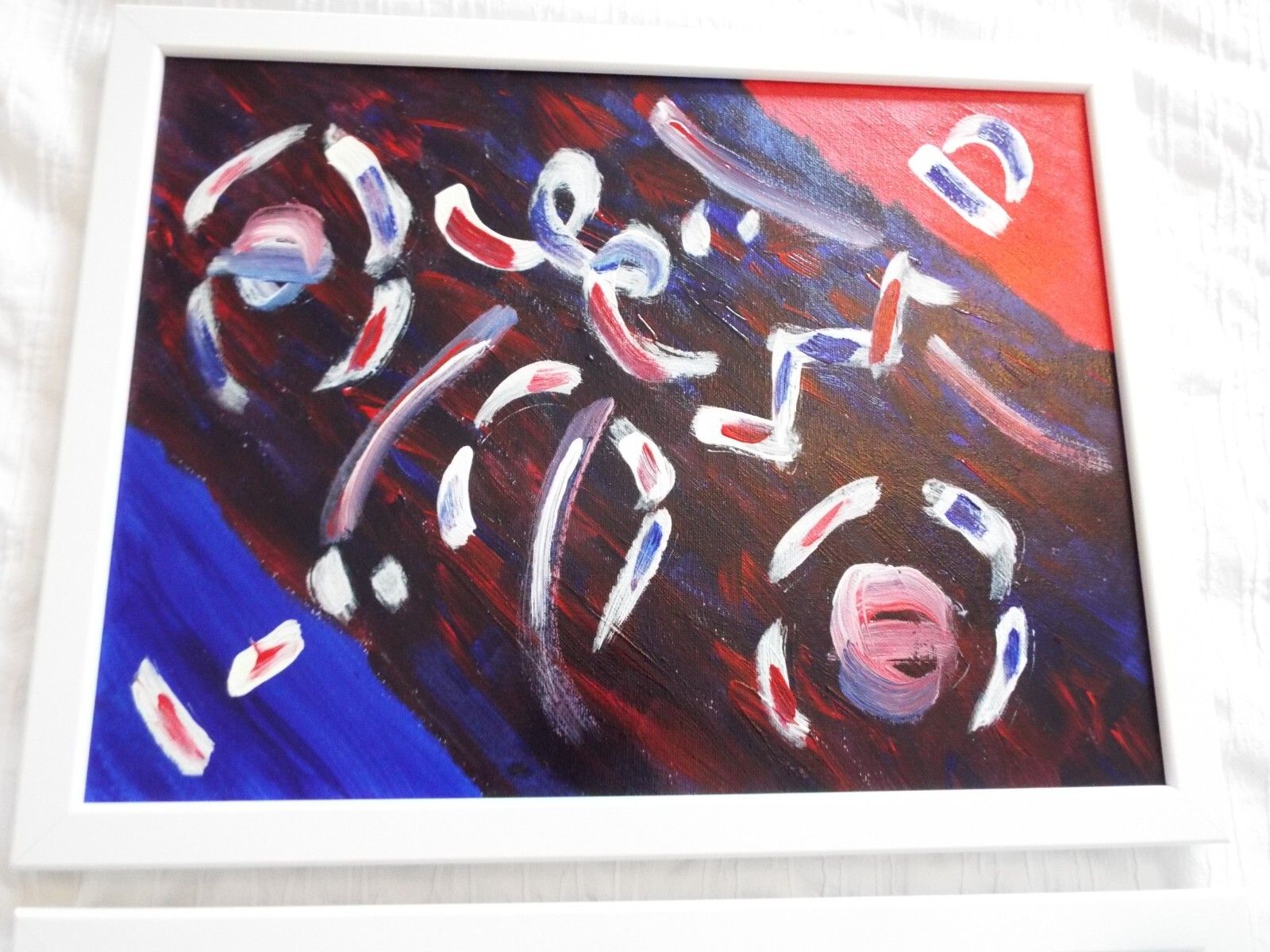 Pair Of New Original Abstract Framed Paintings Blue Red Fraser Lucas photo for sale