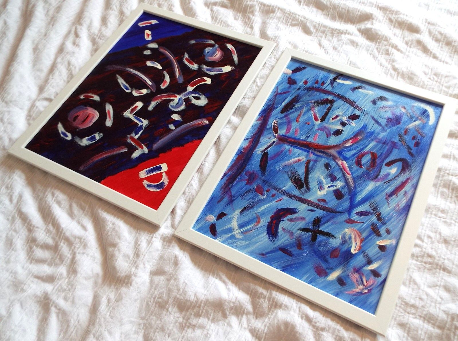 Pair Of New Original Abstract Framed Paintings Blue Red Fraser Lucas photo 79.0