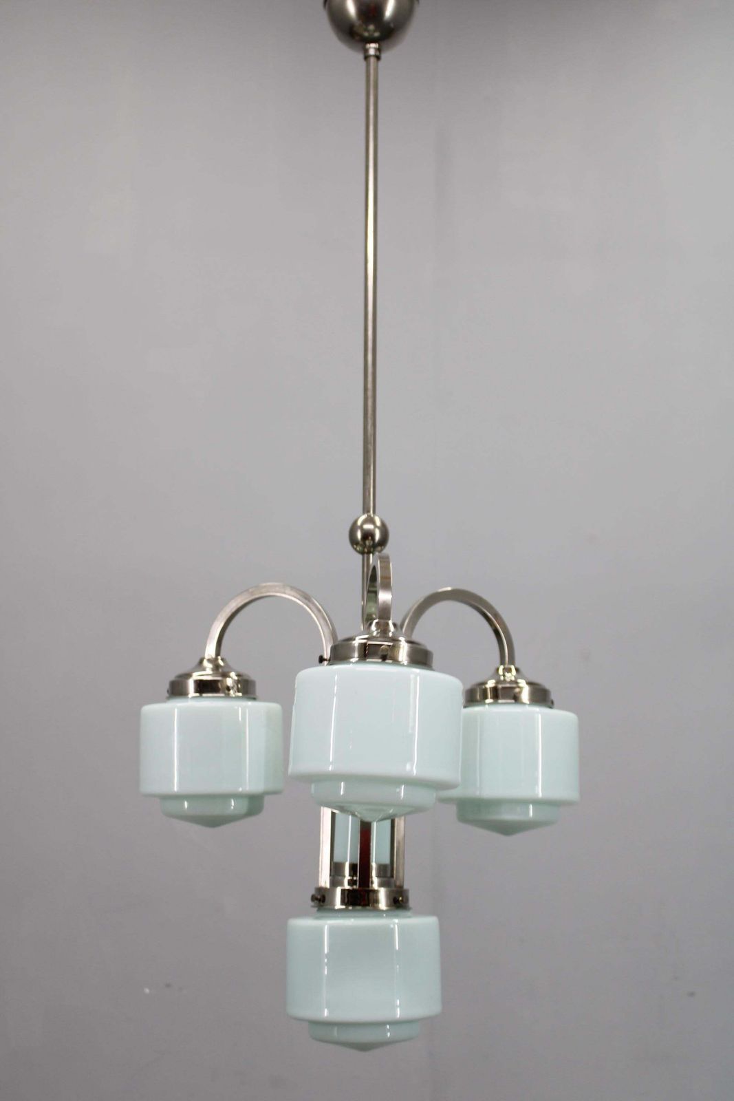 Art Deco Nickel Chandelier With Cylindrical Light Opaline Shades, Czechoslovakia photo for sale