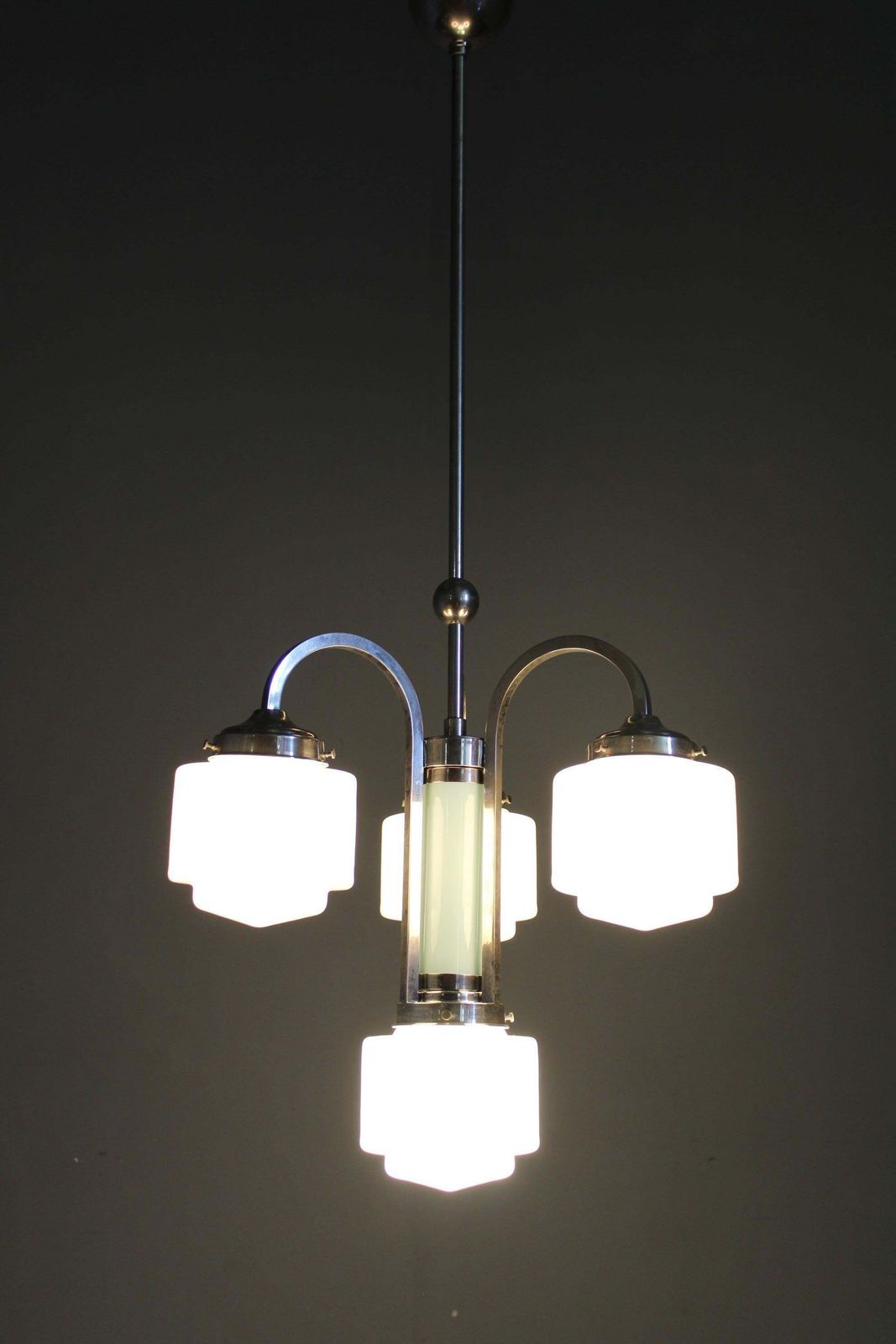 photo buy Art Deco Nickel Chandelier With Cylindrical Light Opaline Shades, Czechoslovakia
